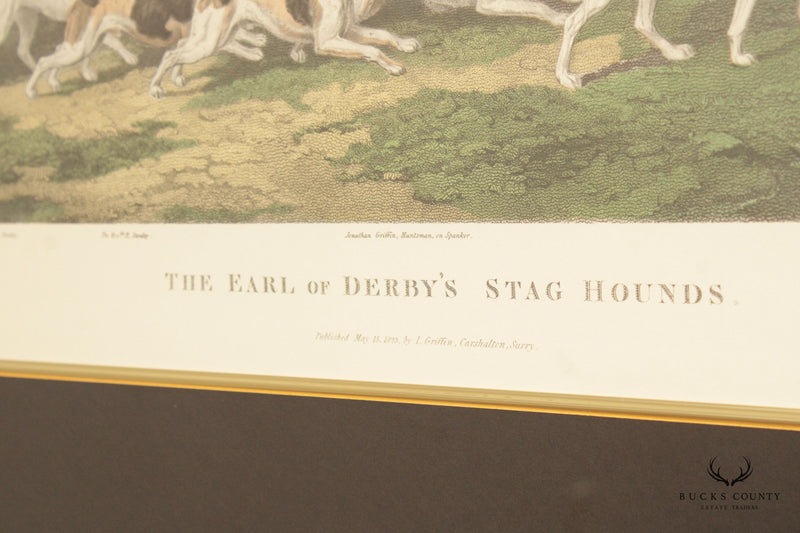 Antique English 'The Earl of Derby's Stag Hounds' Colored Engraving, After James Barenger