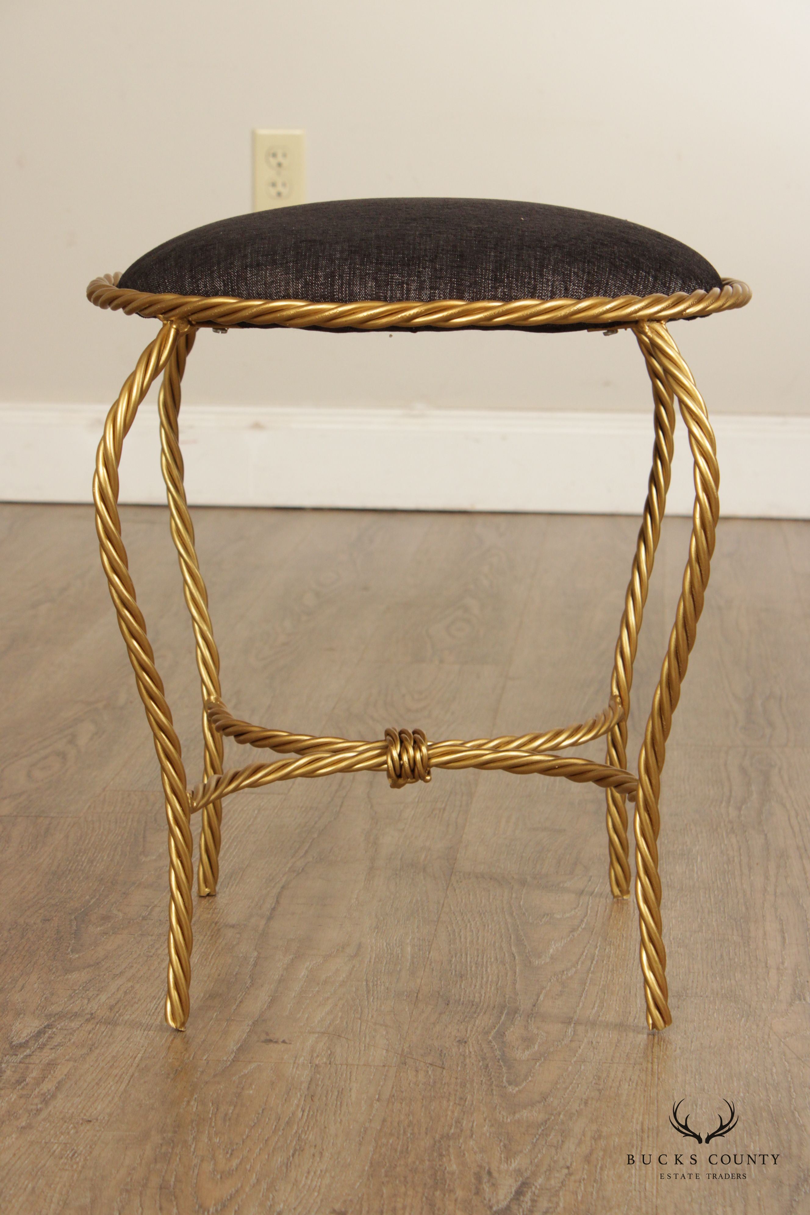 Hollywood Regency Pair of Gilt Metal Rope Twist Stools