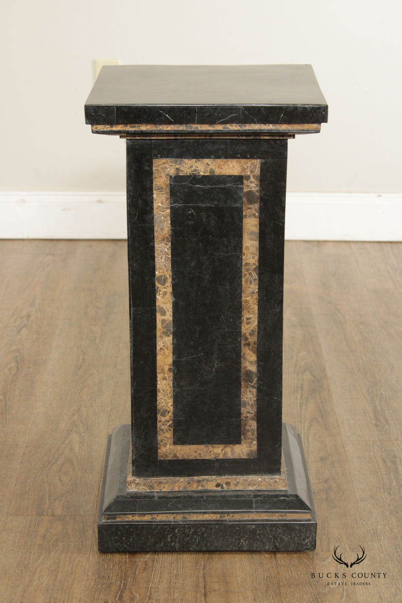 Neoclassical Vintage Black Tessellated Marble Column Pedestal