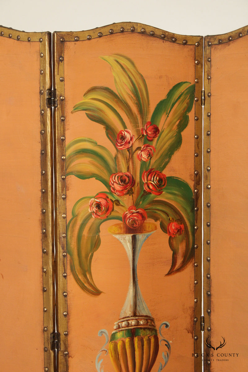 Antique Victorian Floral Painted Leather Folding Screen