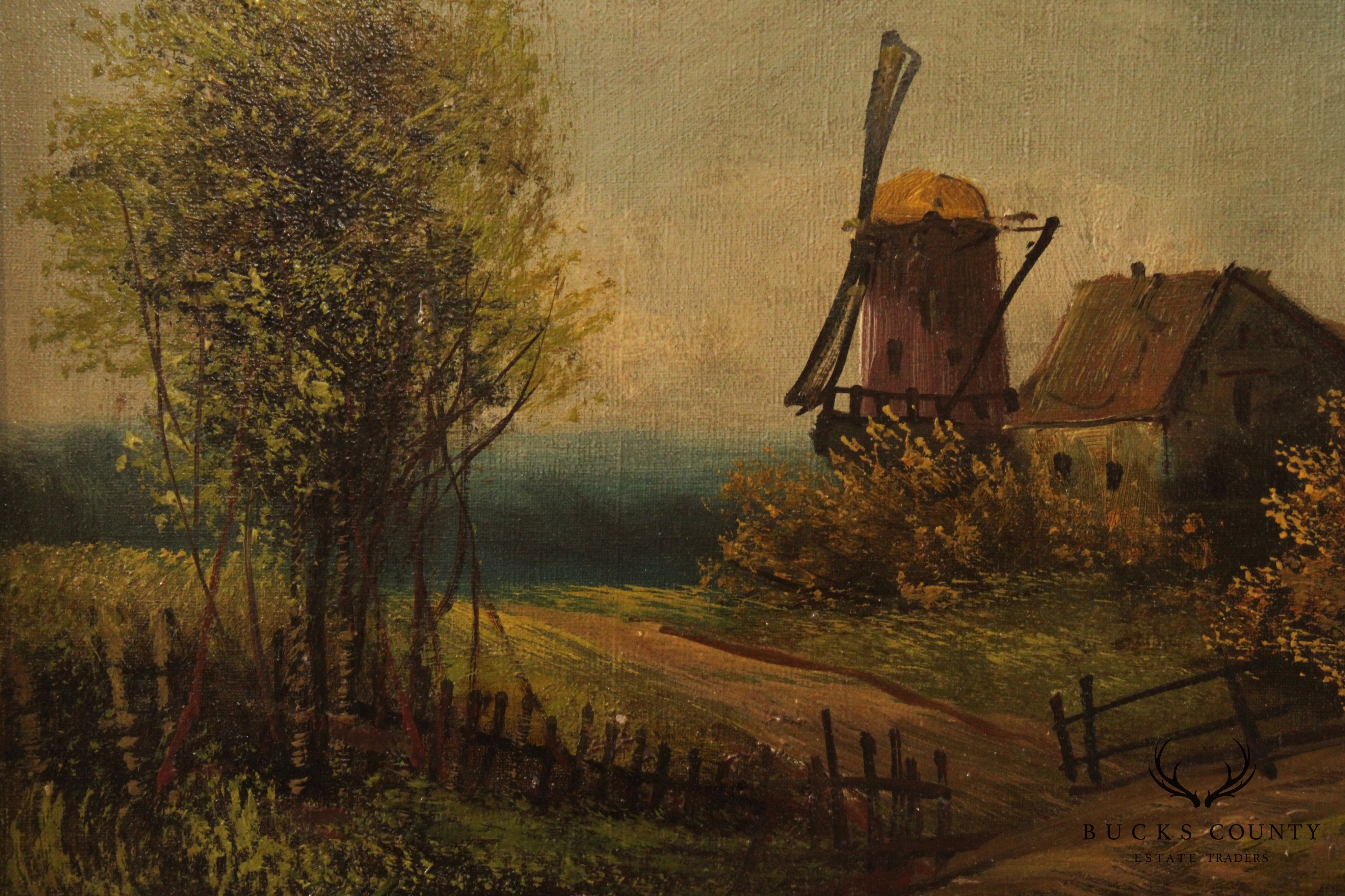 Antique 19th C. Dutch Windmill Cottage Original Painting