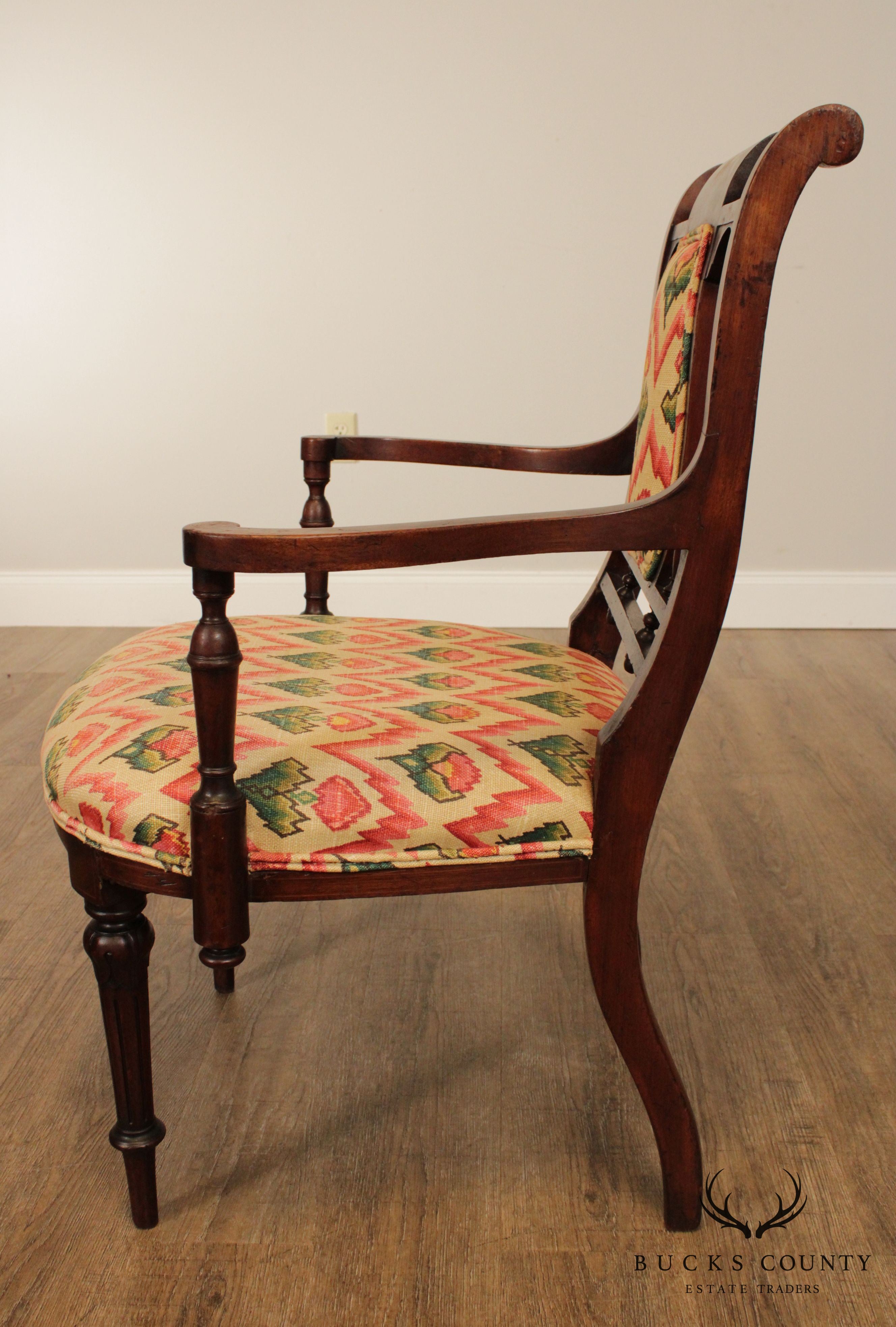 Antique Eglantine Marquetry Inlaid Pair Walnut Armchairs