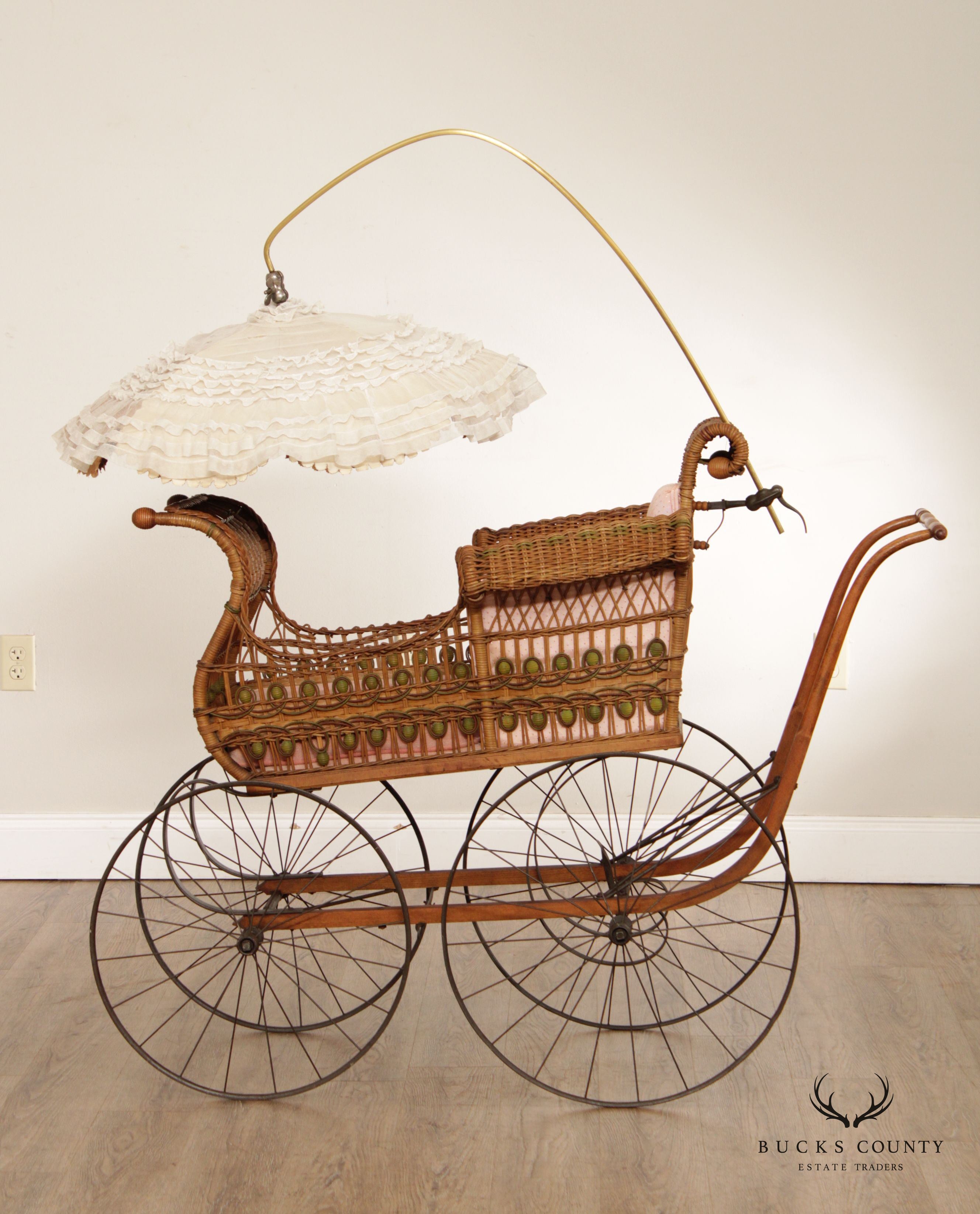 Antique Victorian Wicker Carriage Stroller with Umbrella