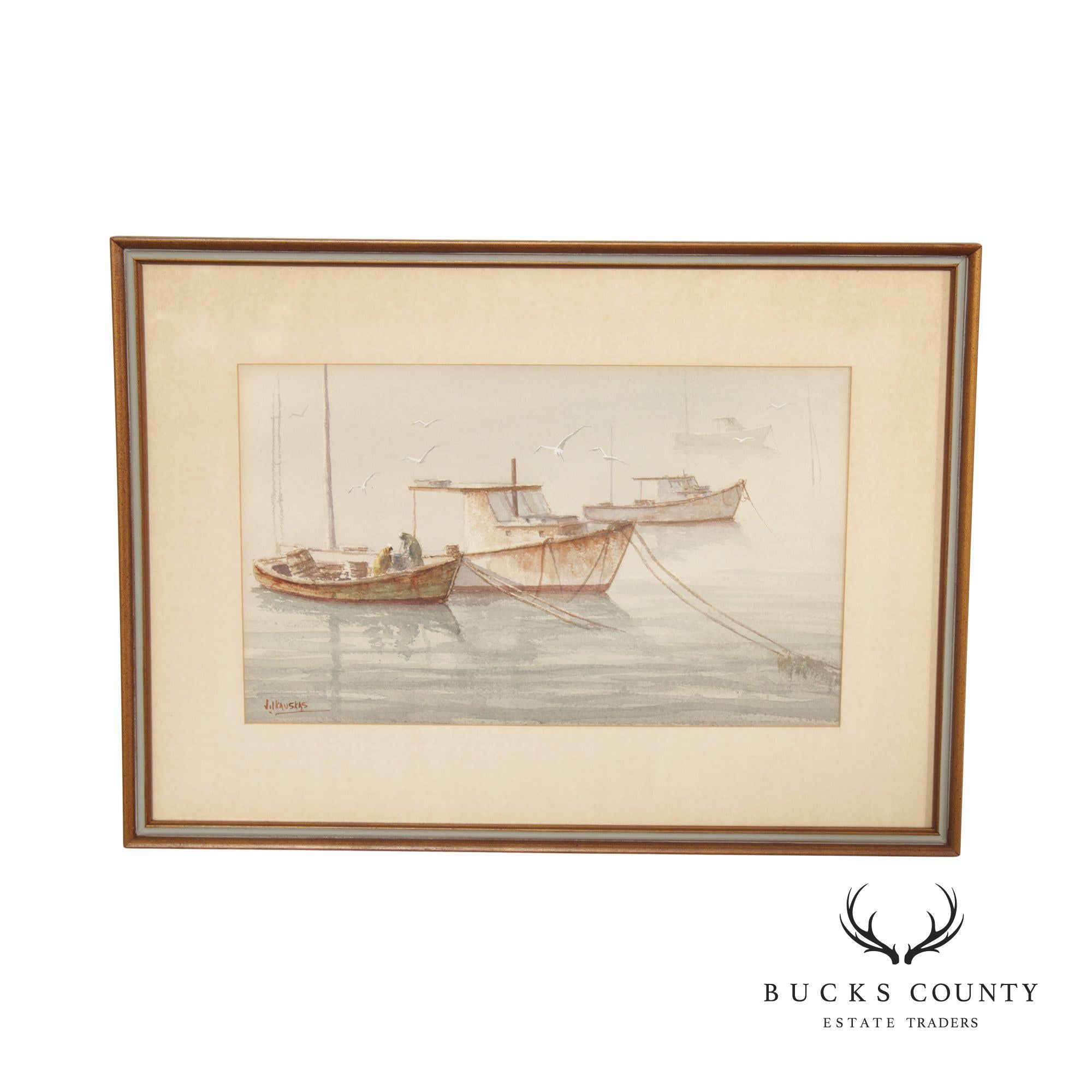 20th Century Fishing Boats at Anchor Watercolor Painting, Signed Rolandas Vilkauskas