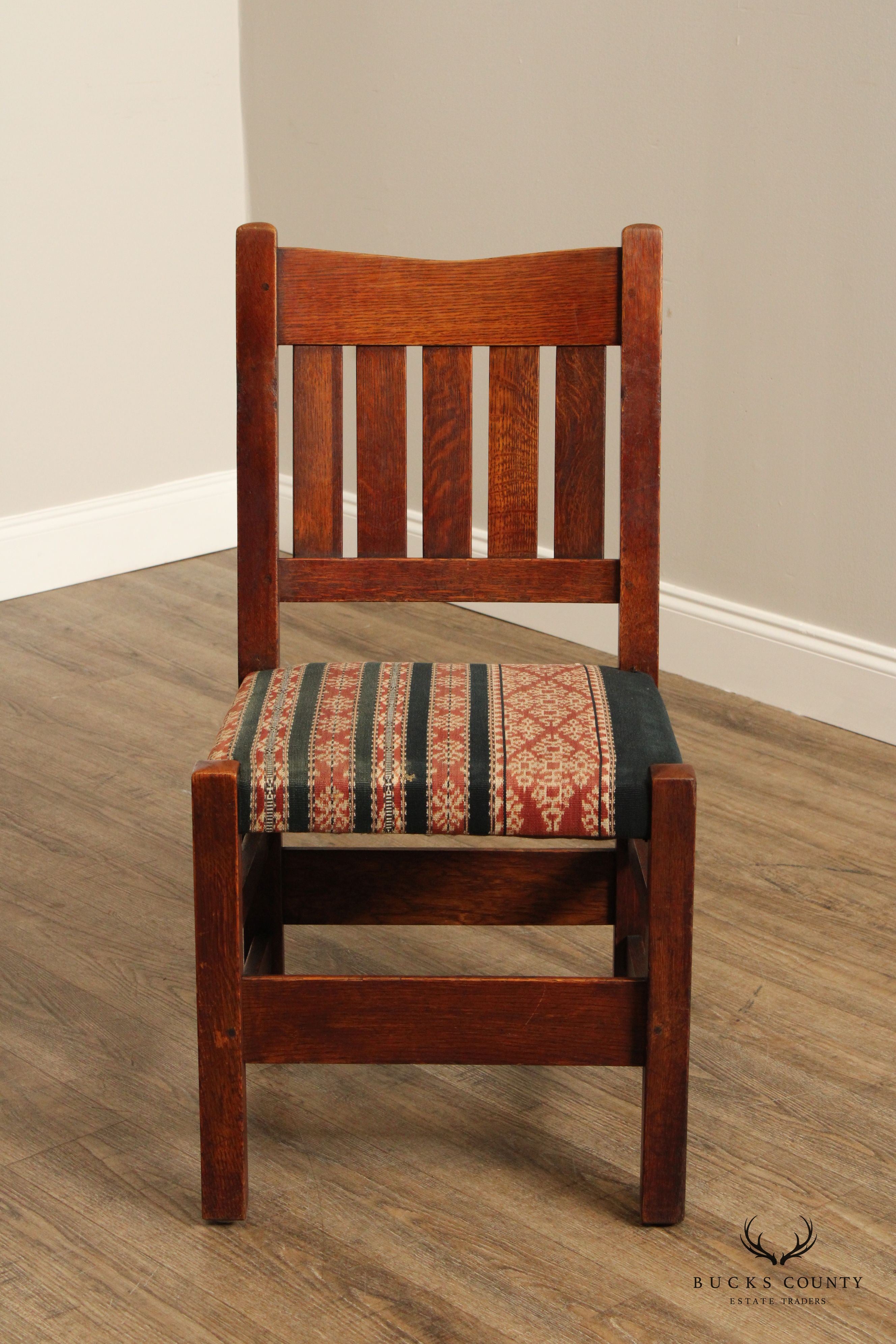 GUSTAV STICKLEY ANTIQUE MISSION PAIR OAK V BACK SIDE CHAIRS