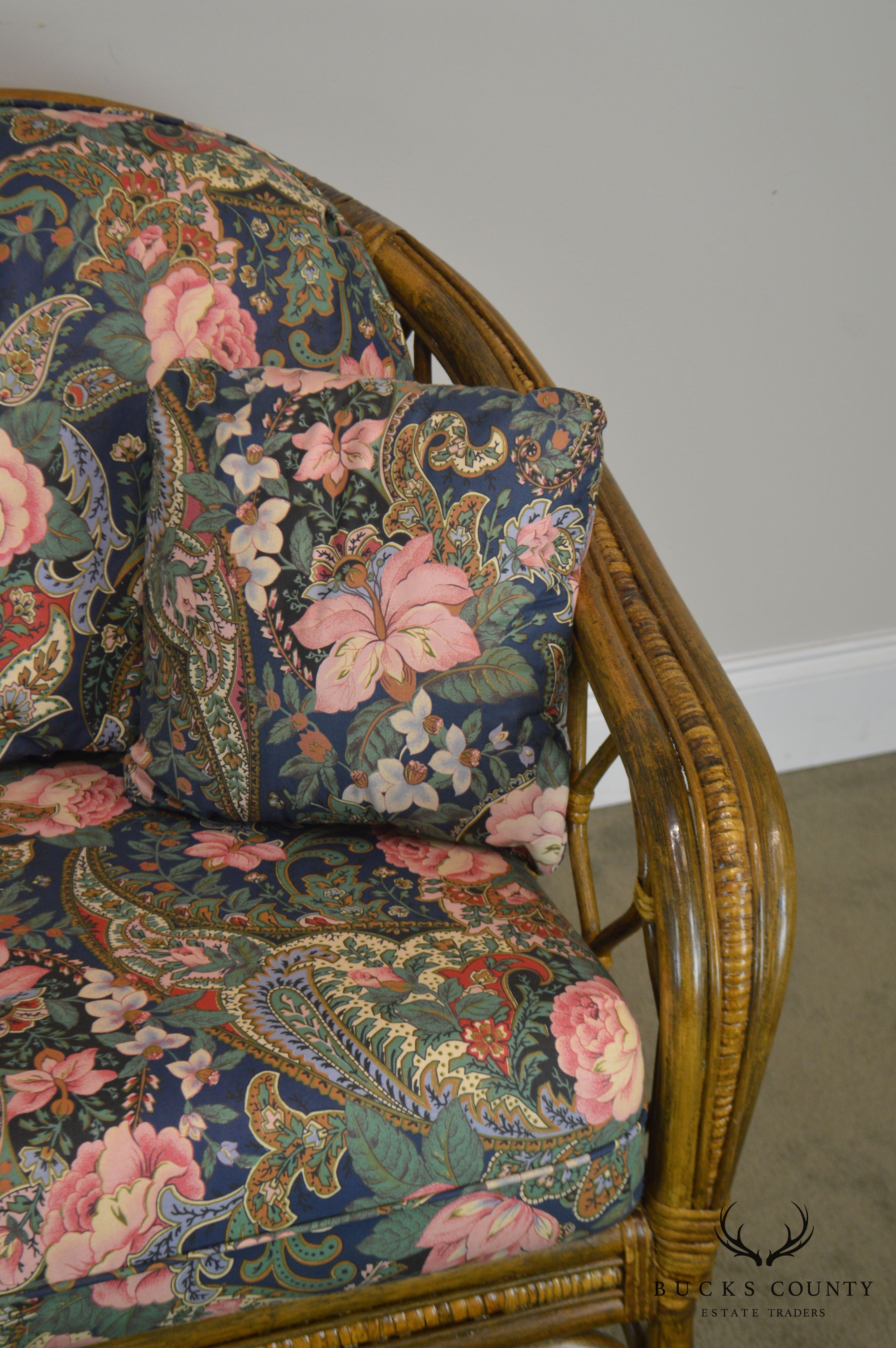 Quality Rattan Pair Curved Back Loveseats with Custom Floral Upholstered Cushions