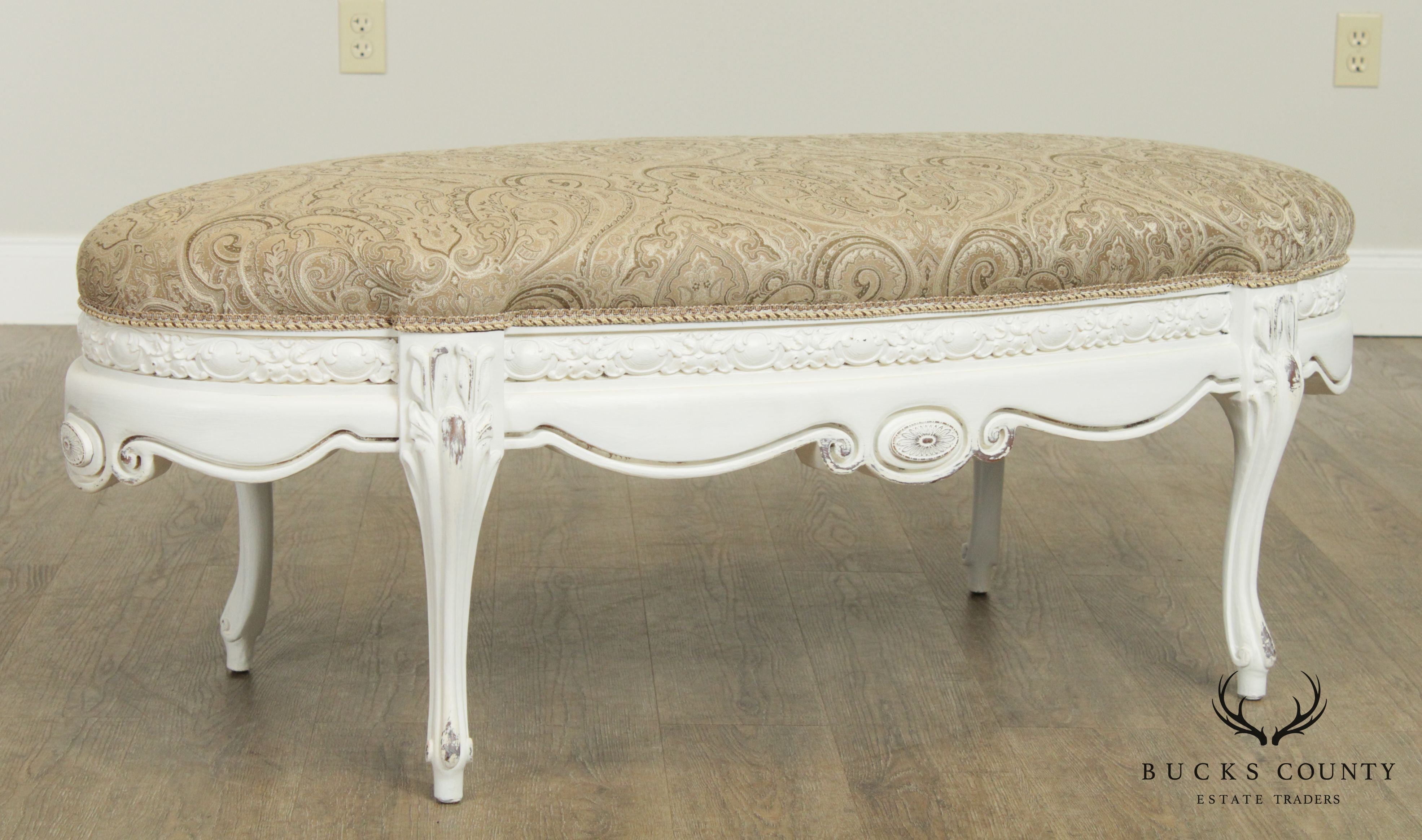 French Louis XV Style Custom White Painted Oval Ottoman