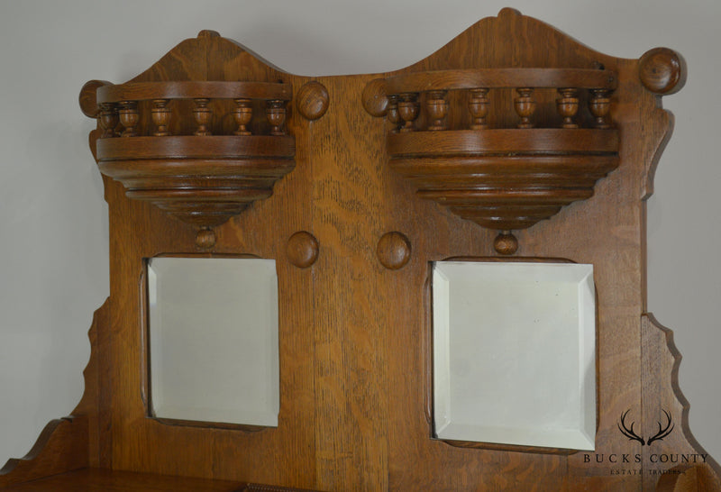 Victorian Antique Golden Oak Slant Front Secretary Desk Etagere
