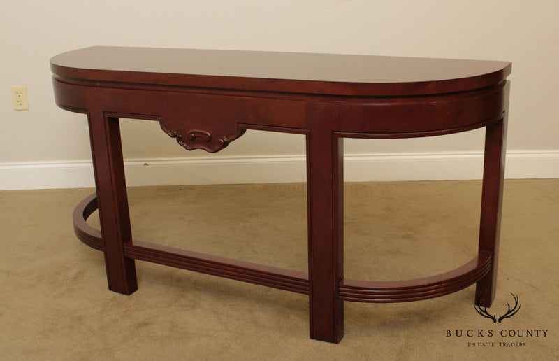 Asian Influenced Mahogany 60 inch Demilune Console Table