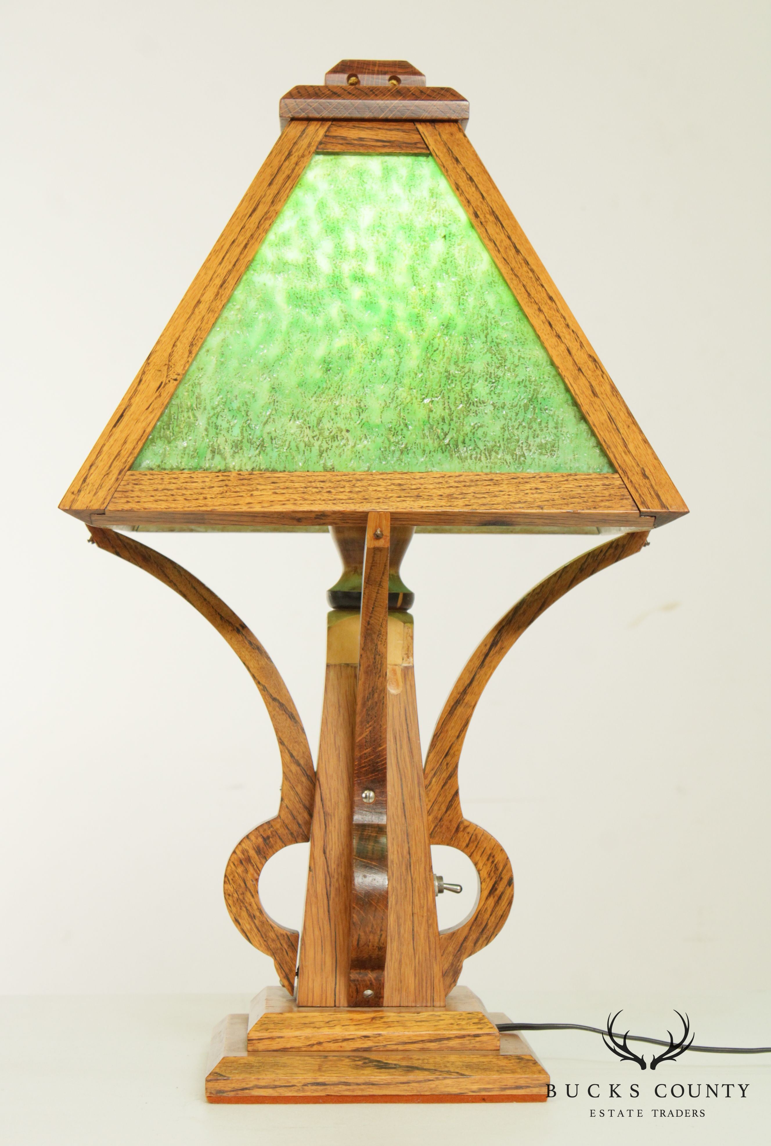 Mission Arts & Crafts Vintage Oak Slag Glass Table Lamp