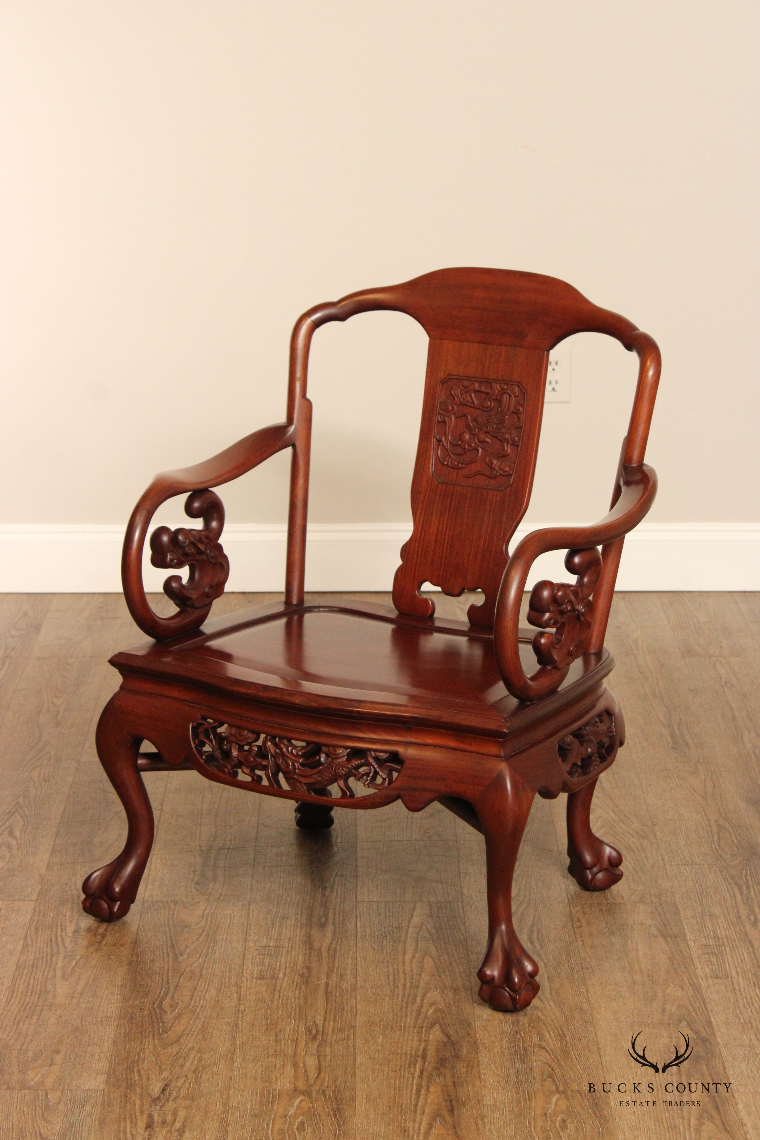 Chinese Pair of Carved Mahogany Throne Armchairs