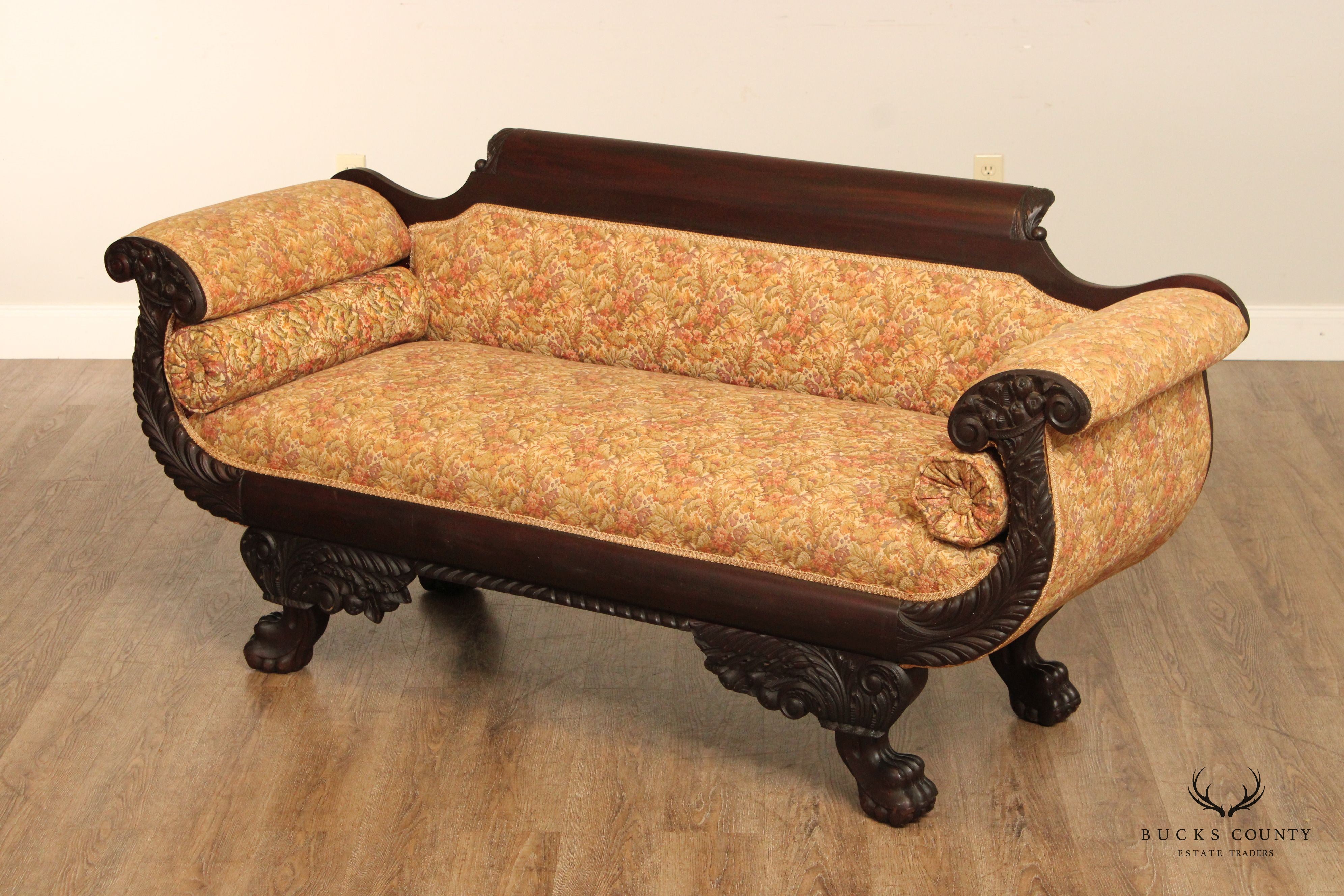 Antique American Empire Carved Mahogany Claw Foot Sofa