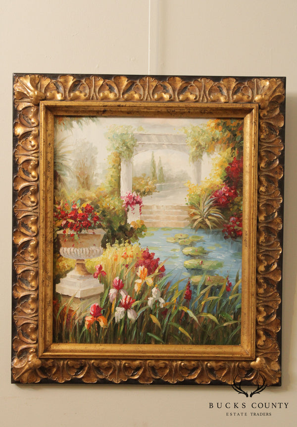 Gilt Frame Hand Painted Garden Landscape on Canvas