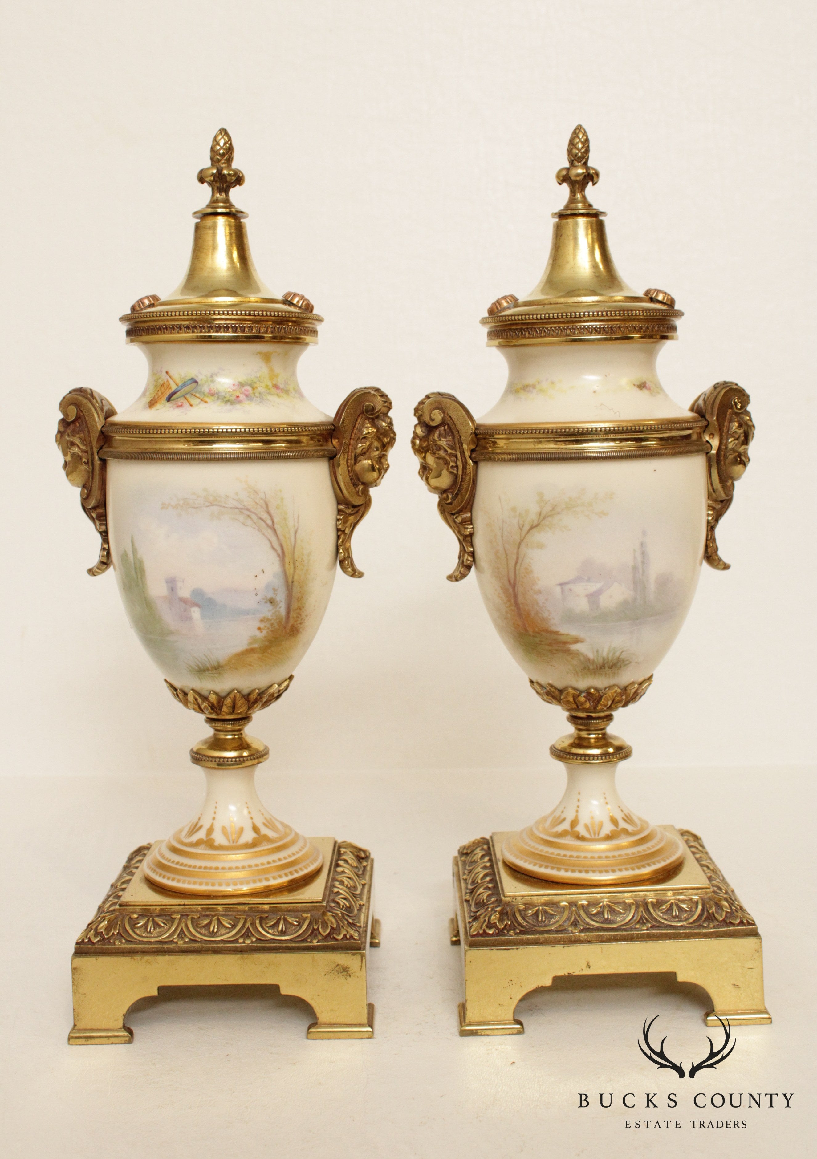 Antique French Sevres Style Porcelain & Brass Urns