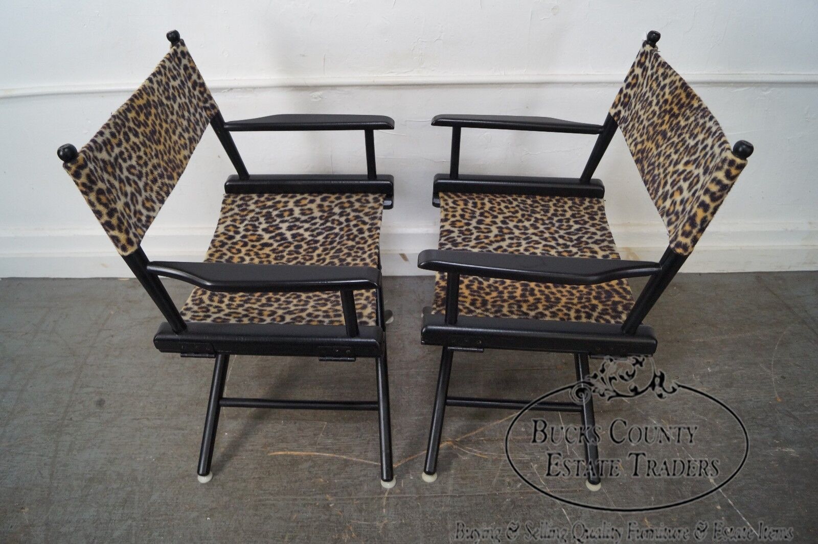 Mid Century Pair of Leopard Print Ebonized Folding Directors Chairs by Telescope