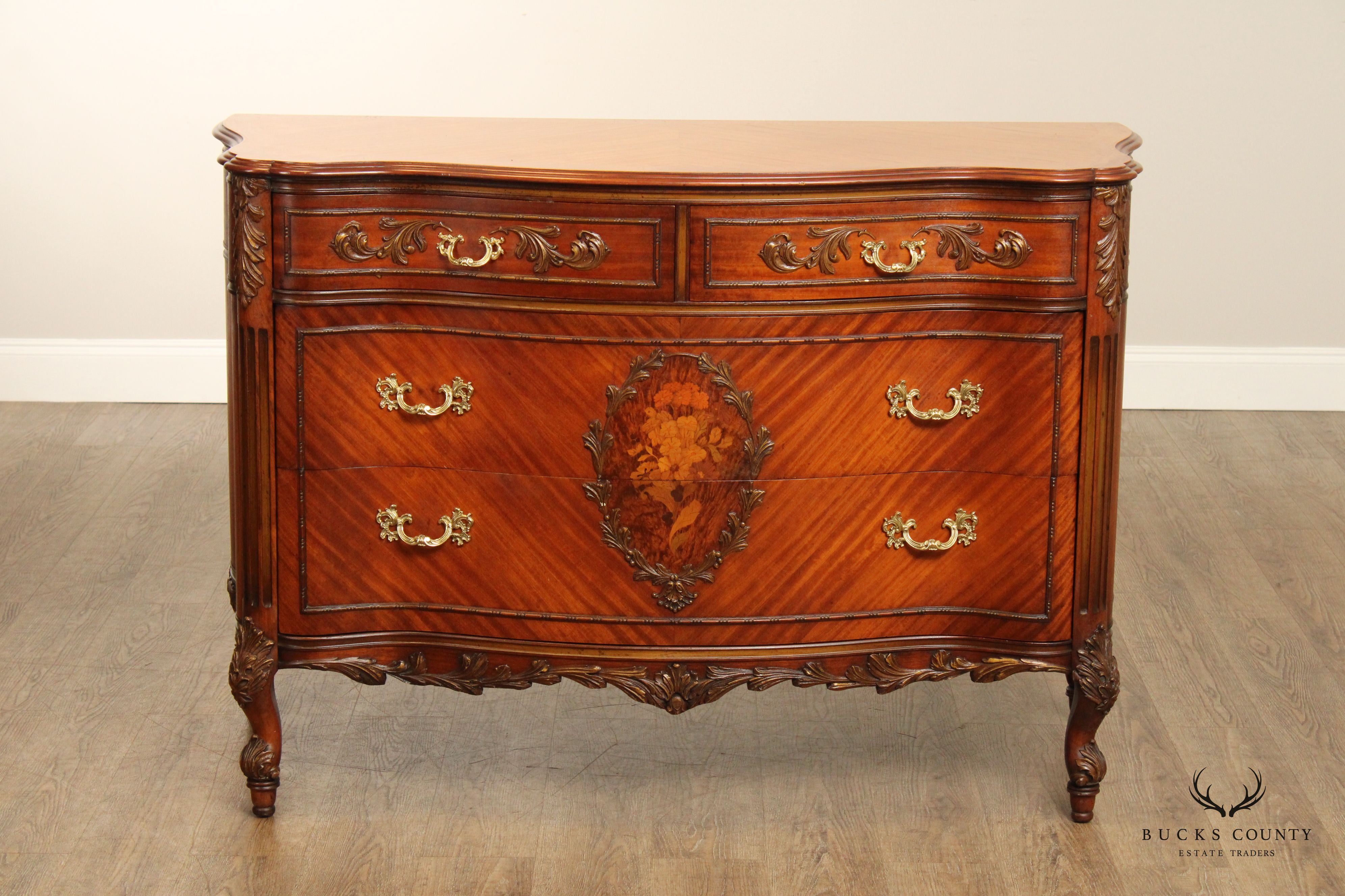 1930's French Louis XV Style Marquetry Inlaid Chest of Drawers