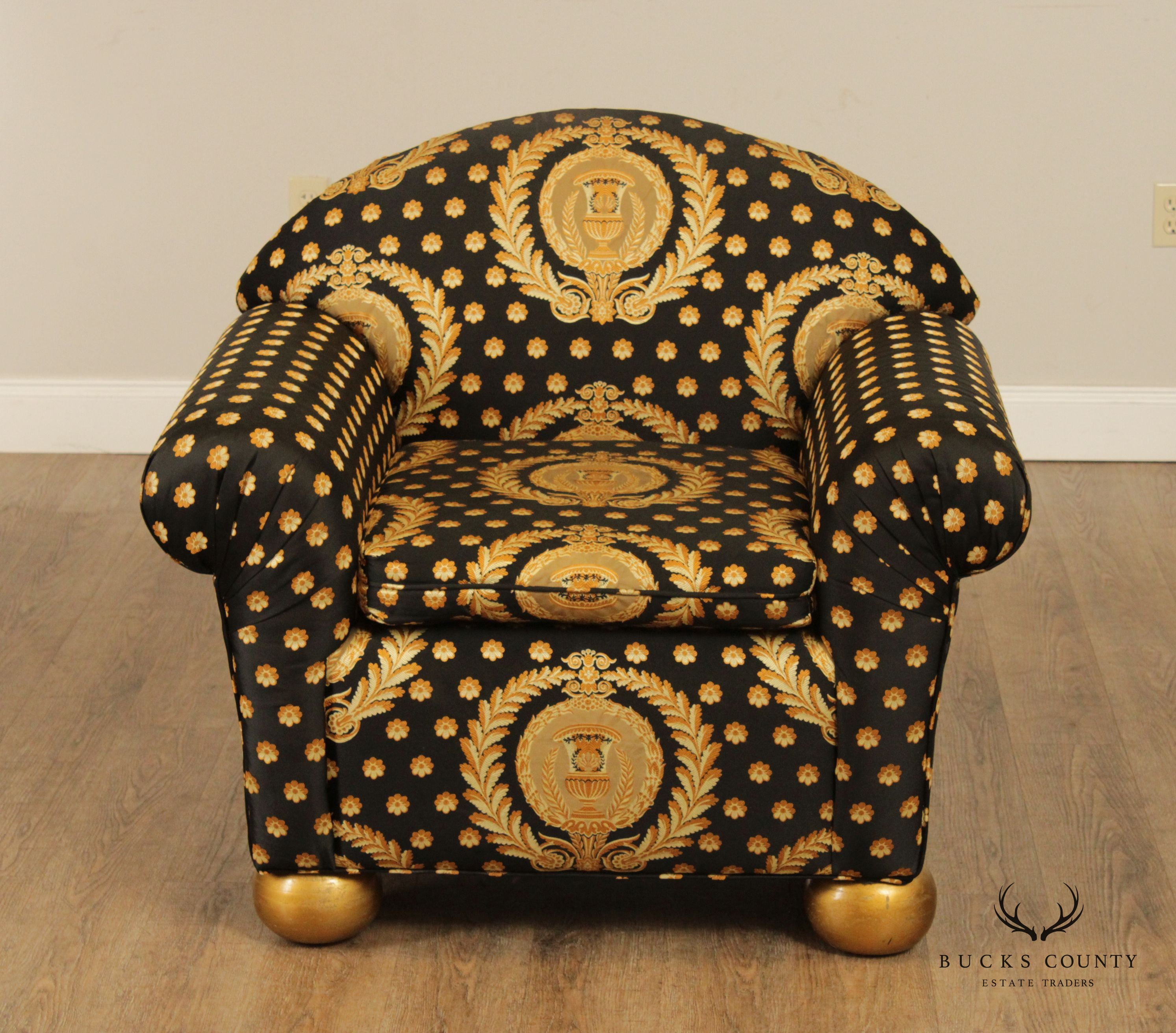 Pair of Custom Black and Gold Upholstered Club Chairs