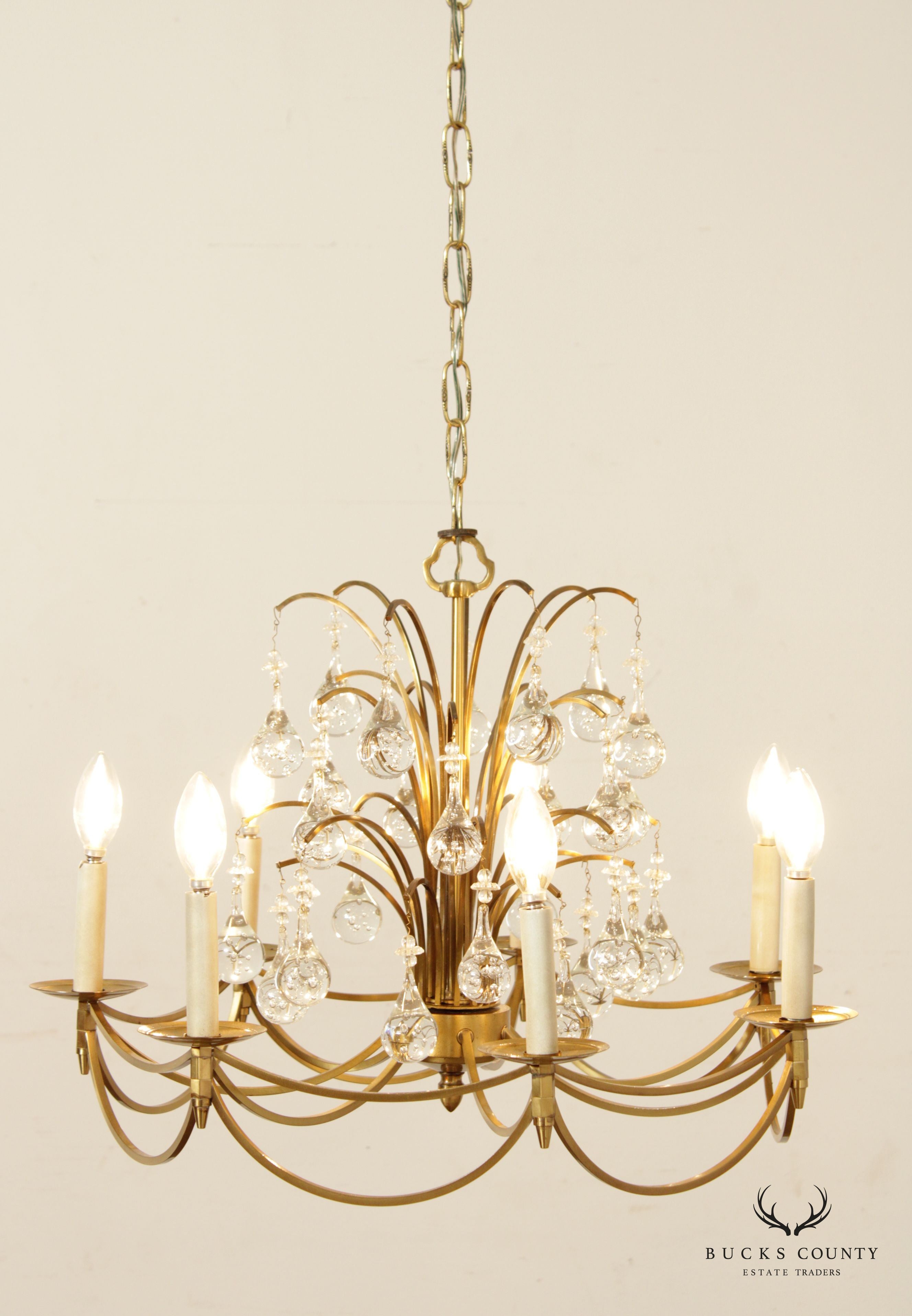 Hollywood Regency Brass and Crystal 7-Light Chandelier