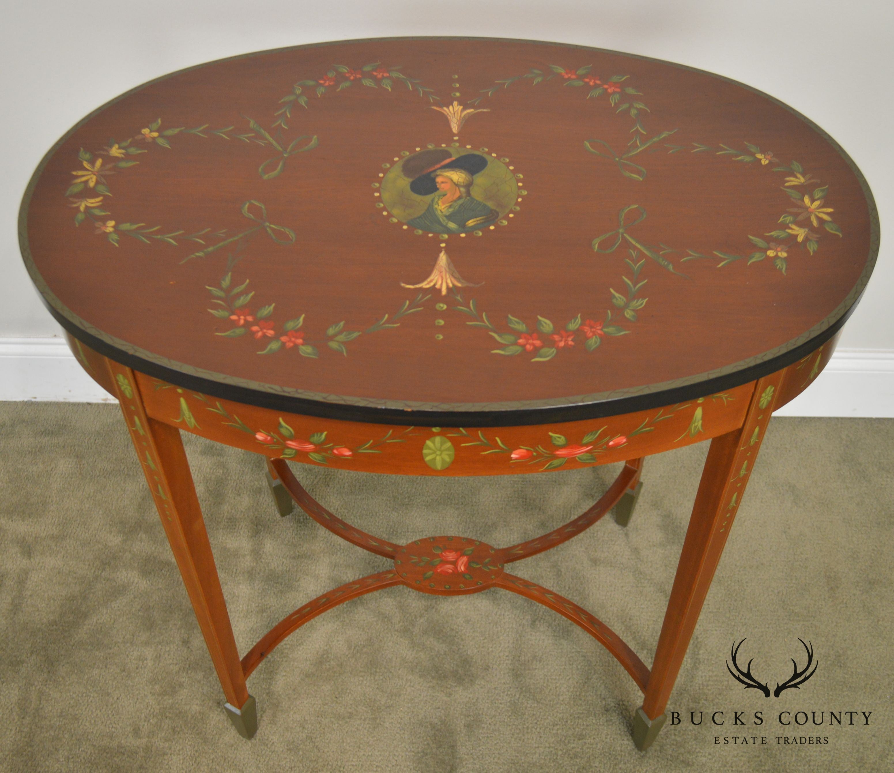 Adams Style Hand Painted Decorated Oval Side Table by Banks, Coldstone Co.