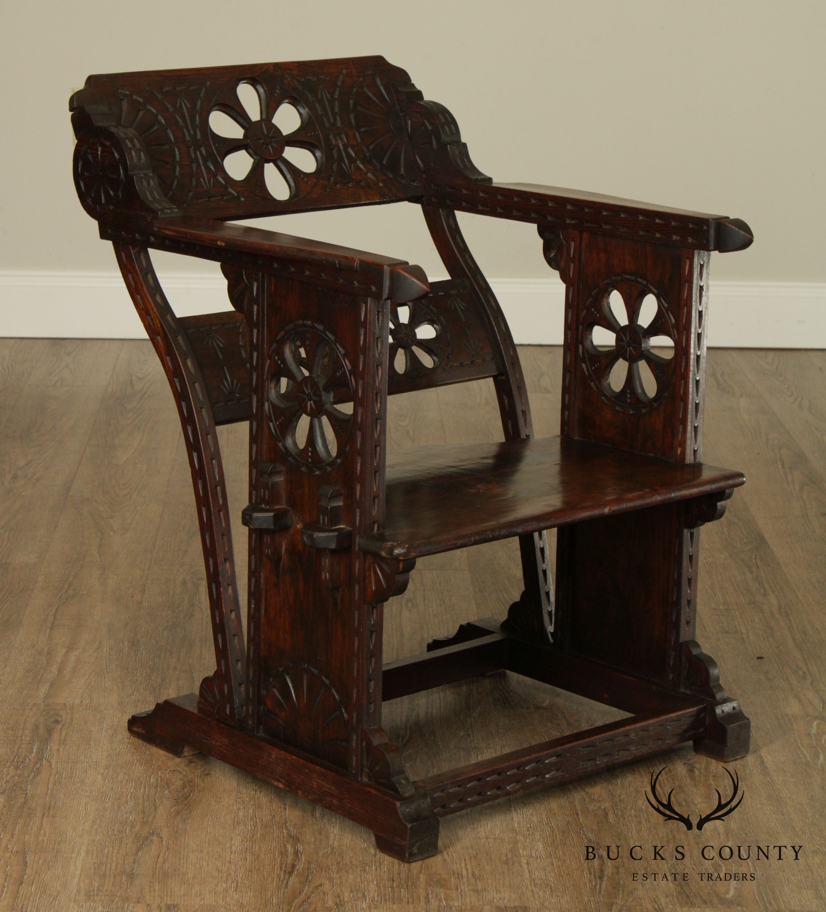 Italian 15th Century Revival Low Wooden Arm Chair