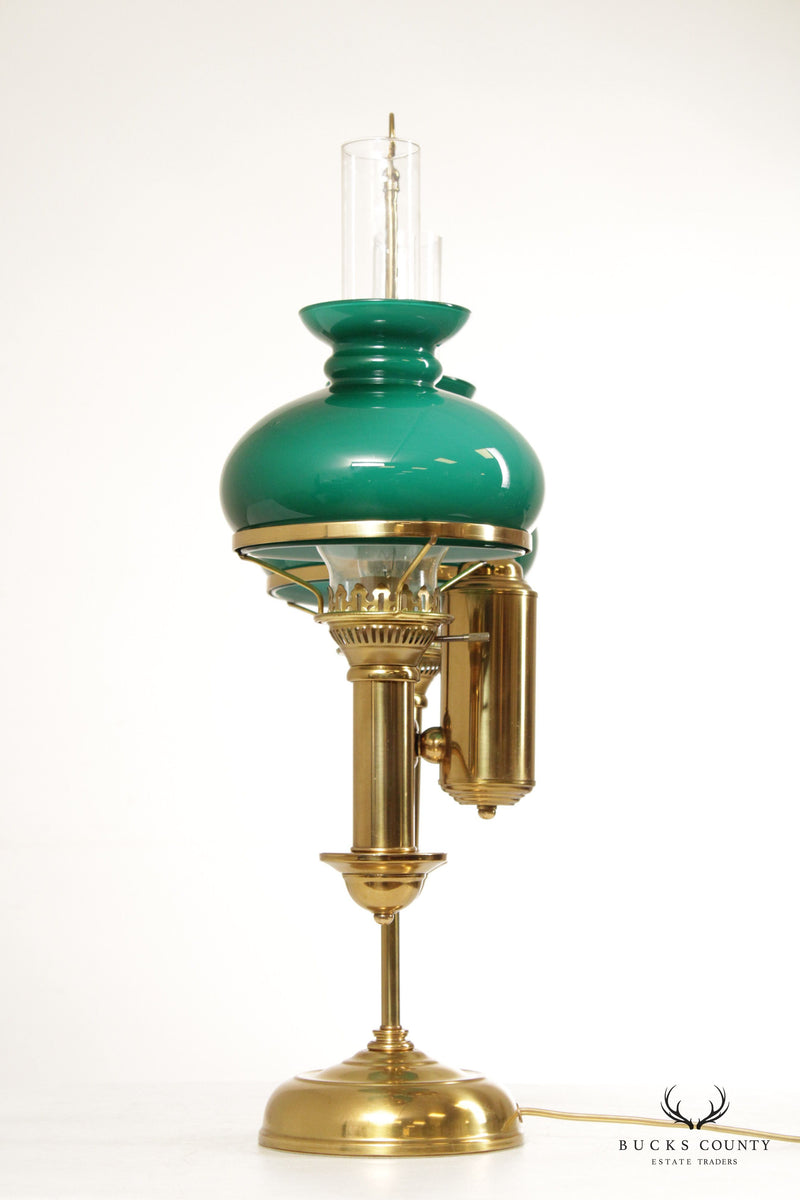Victorian Style Double Arm Brass Desk Lamp with Green Hurricane