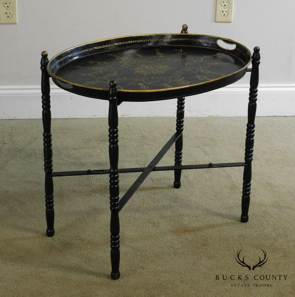 Vintage Hand Painted Tole Tray Table on Folding Metal Base