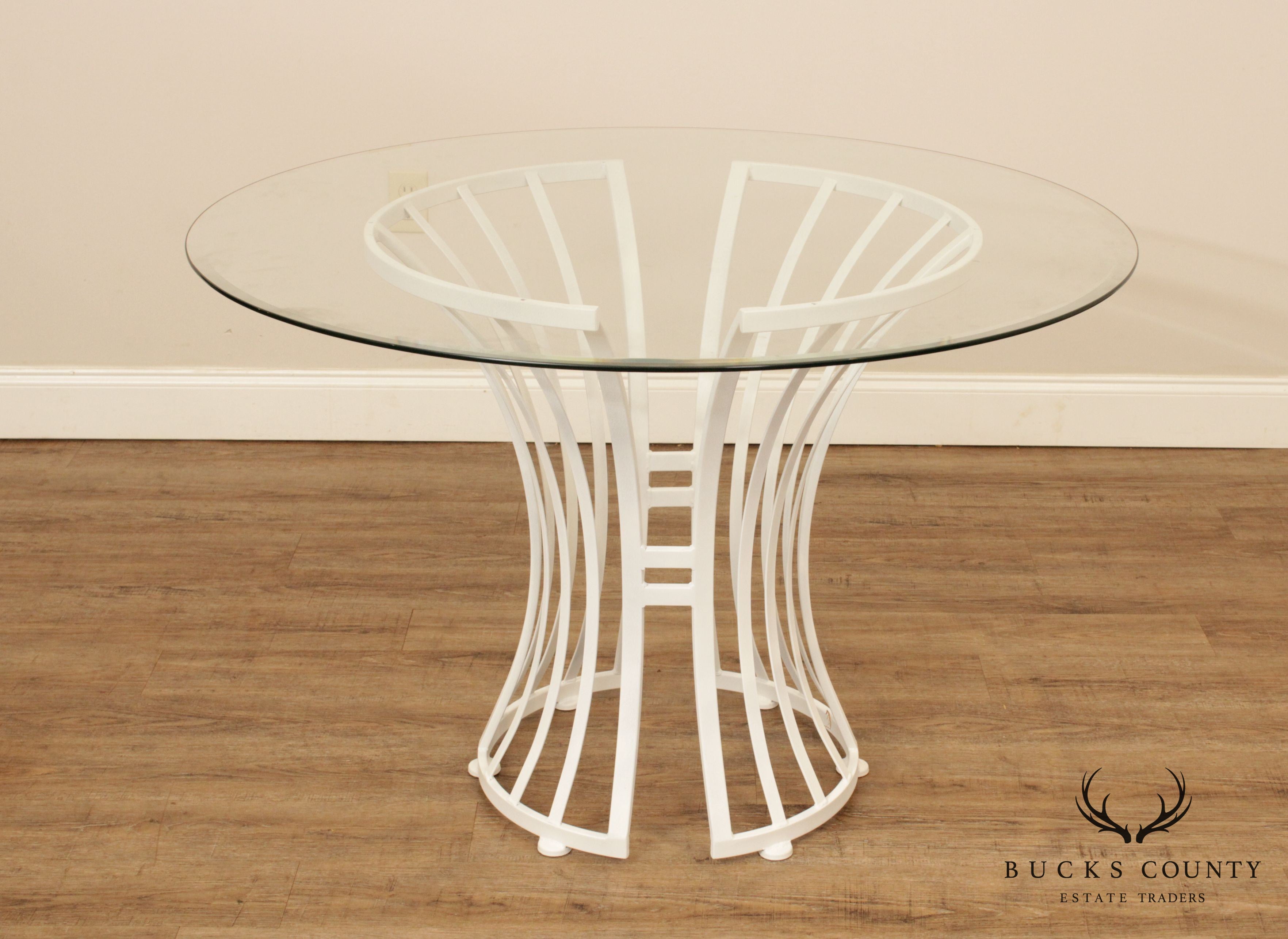 Johnston Casuals Postmodern White Lacquer Wrought Iron Round Glass Top Dining Table + 4 Chairs