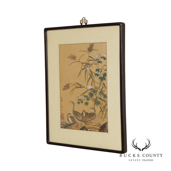 Antique Chinese Birds Scroll Painting, Custom Framed