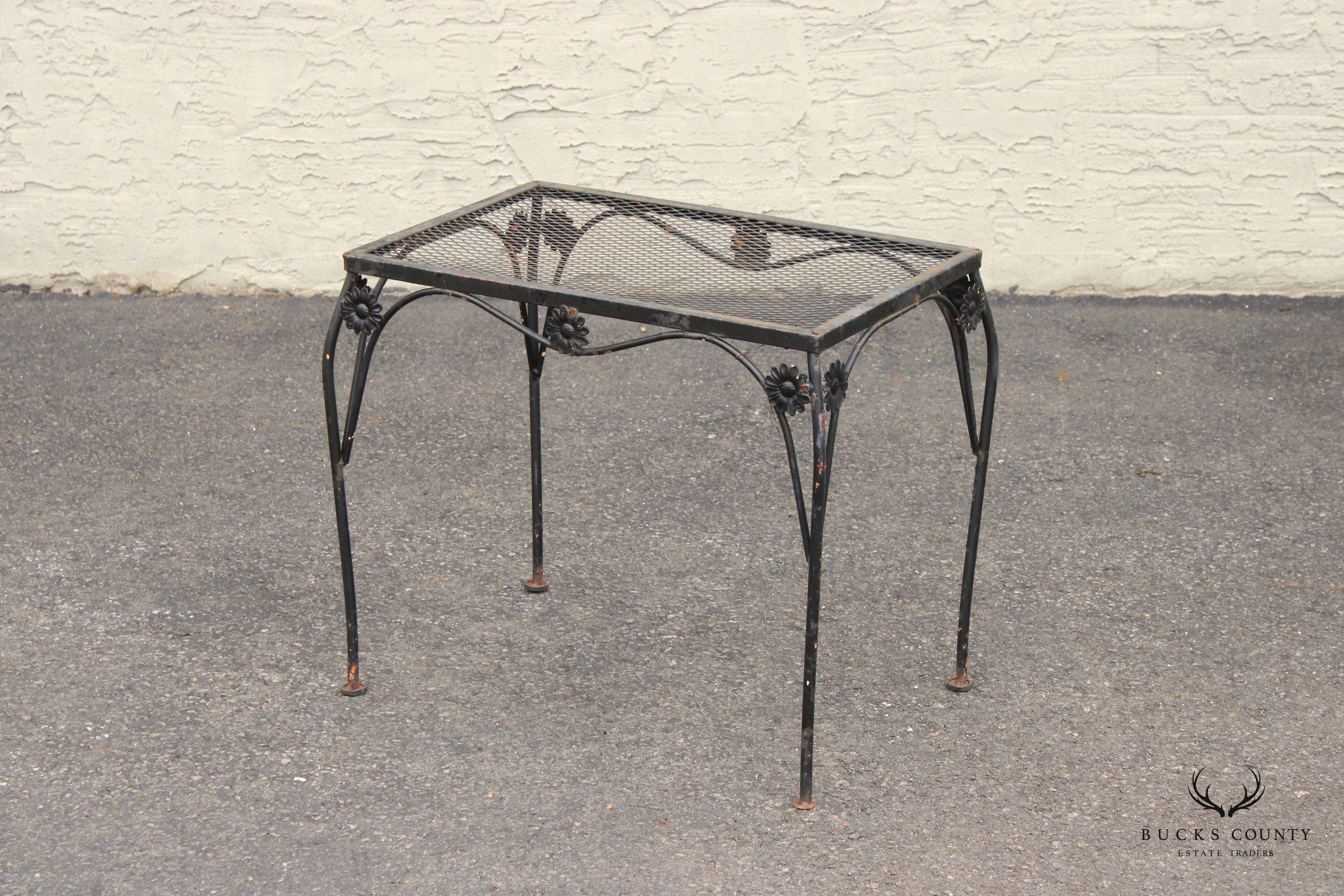 Vintage Wrought Iron Sunflower Pattern Garden Patio Side Table