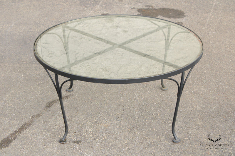 Woodard Mid Century Round Glass Top Wrought Iron Outdoor Cocktail Table
