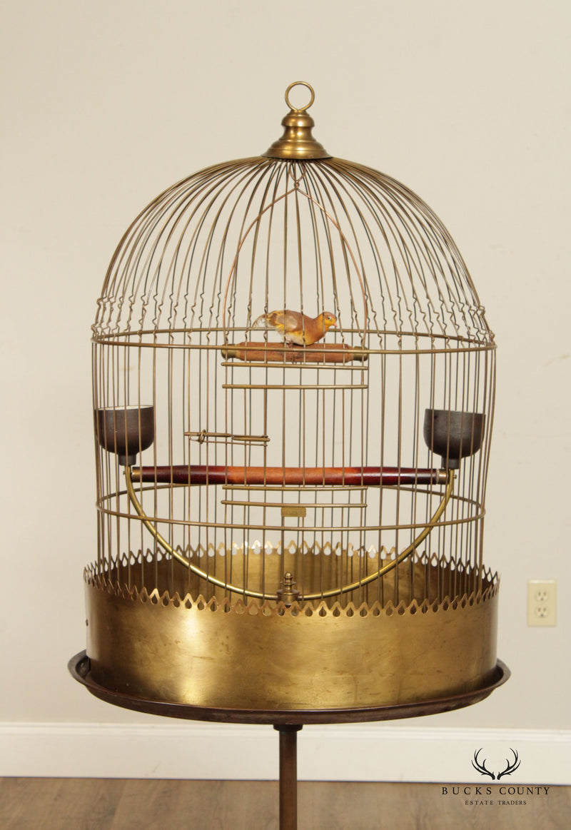 Antique Hendryx Brass Bird Cage With Original Stand & Original Swing 61”