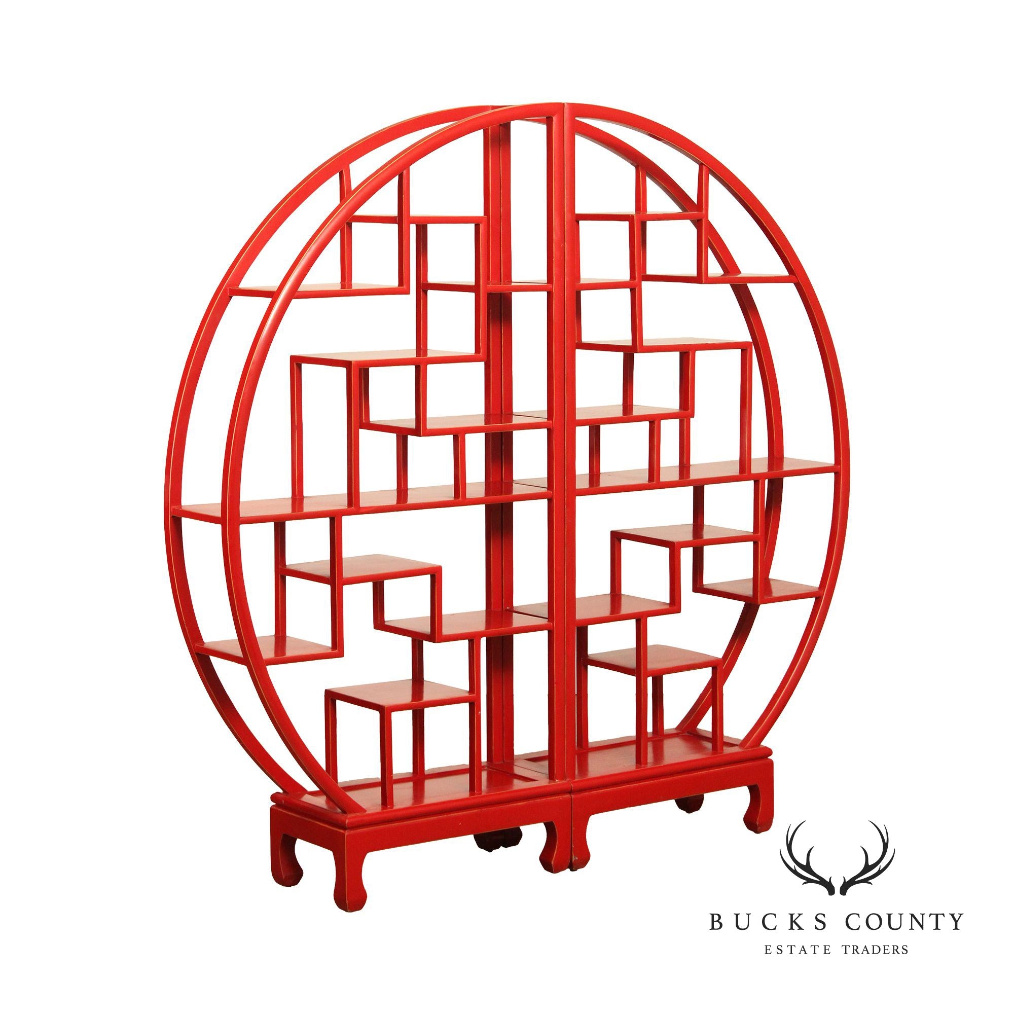 Asian Style Red Painted Round Two Part Room Divider Etagere