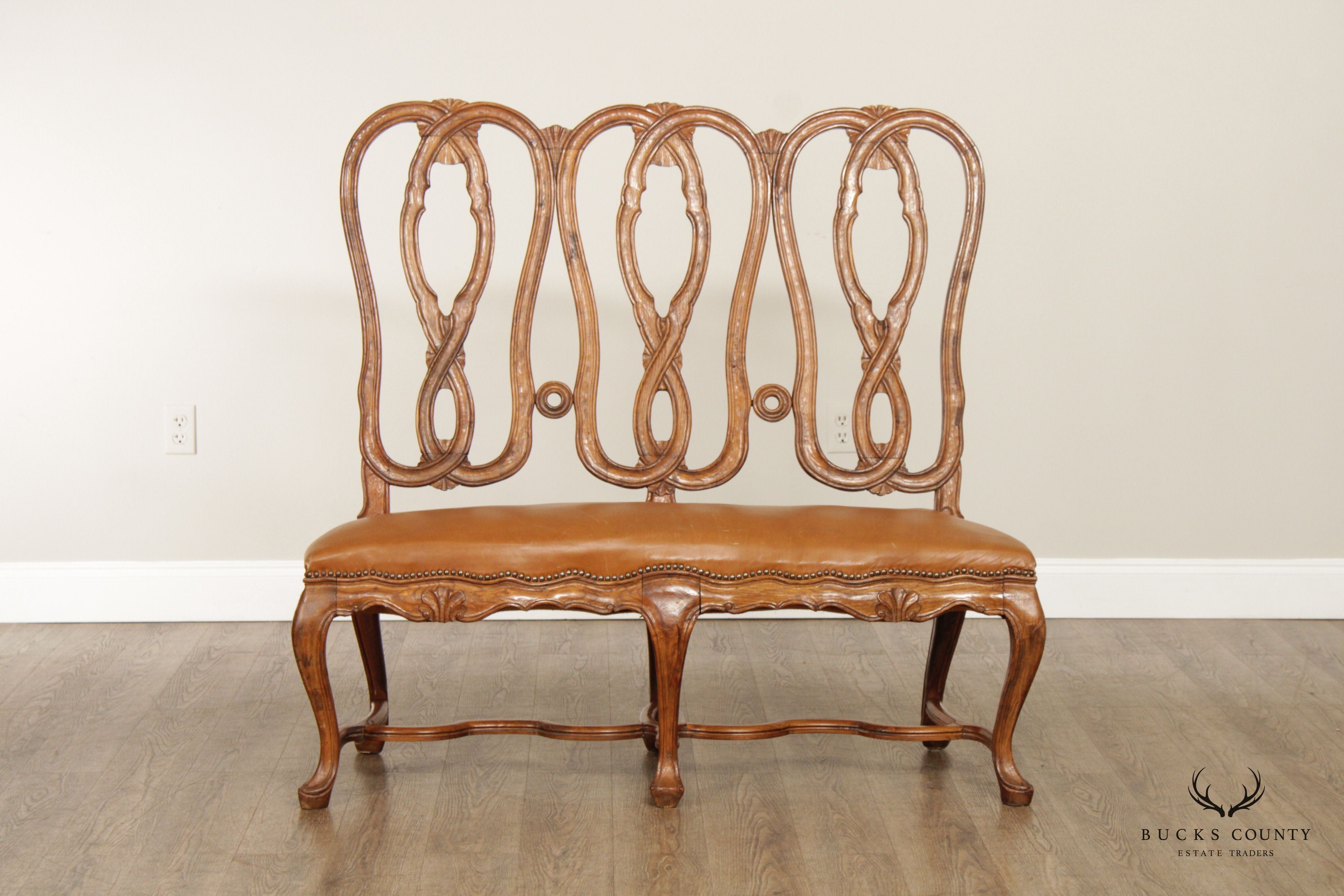 Italian Provincial Style Carved Walnut and Leather Hall Bench Settee