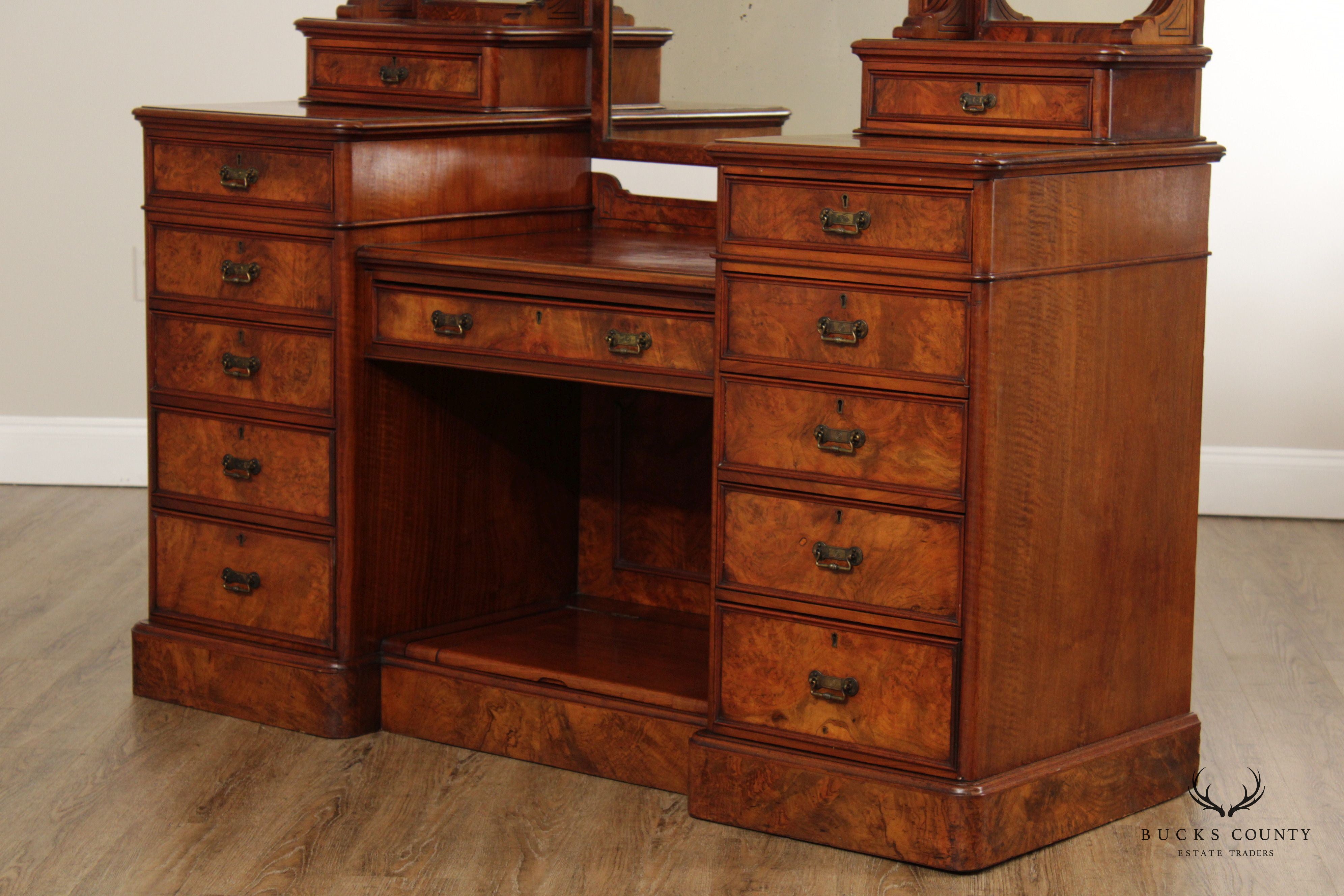 Antique English Victorian Walnut Burl Vanity Dresser with Mirror