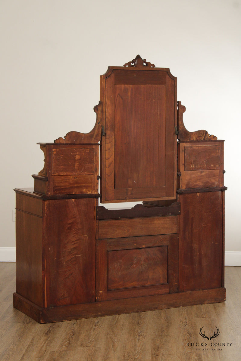Antique English Victorian Walnut Burl Vanity Dresser with Mirror