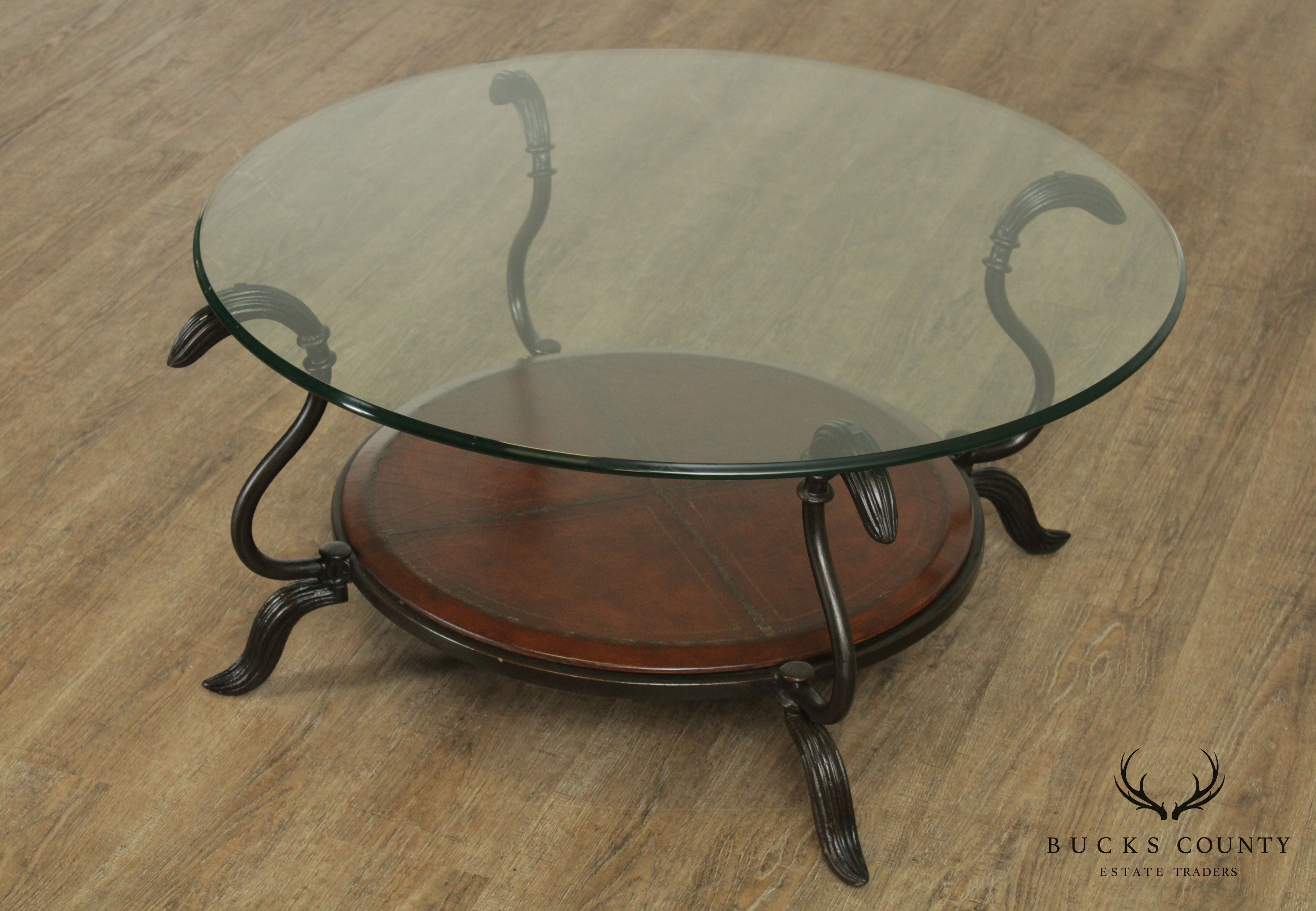 LaBarge Round Glass Top Wrought Iron Table, Leather Tier