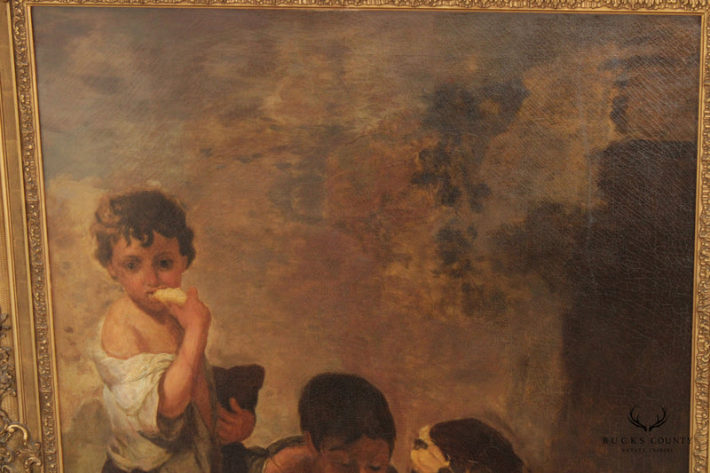 Antique Old Master 'Young Boys Playing Dice' Large Oil Painting, After Murillo