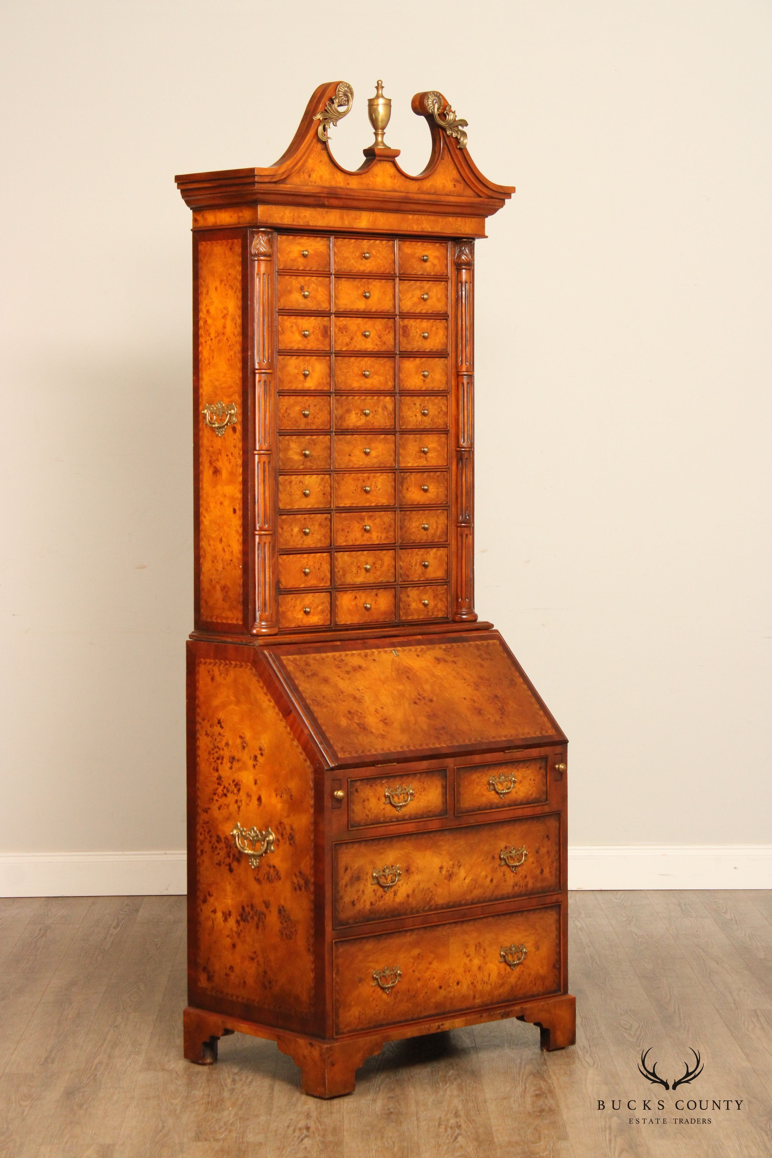 Theodore Alexander Chippendale Style Burl Wood Inlaid Secretary Desk