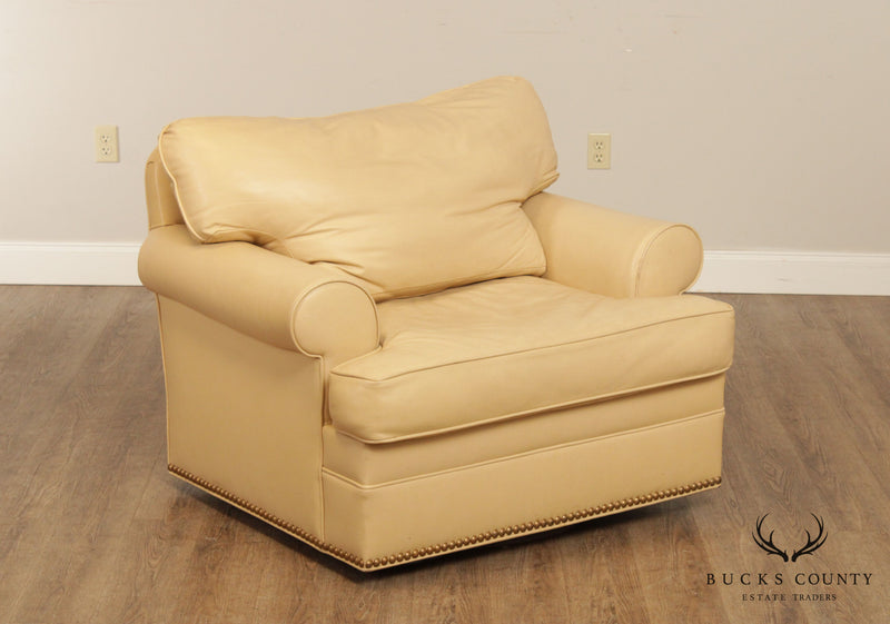 Custom Cream Leather Swivel Lounge Chair