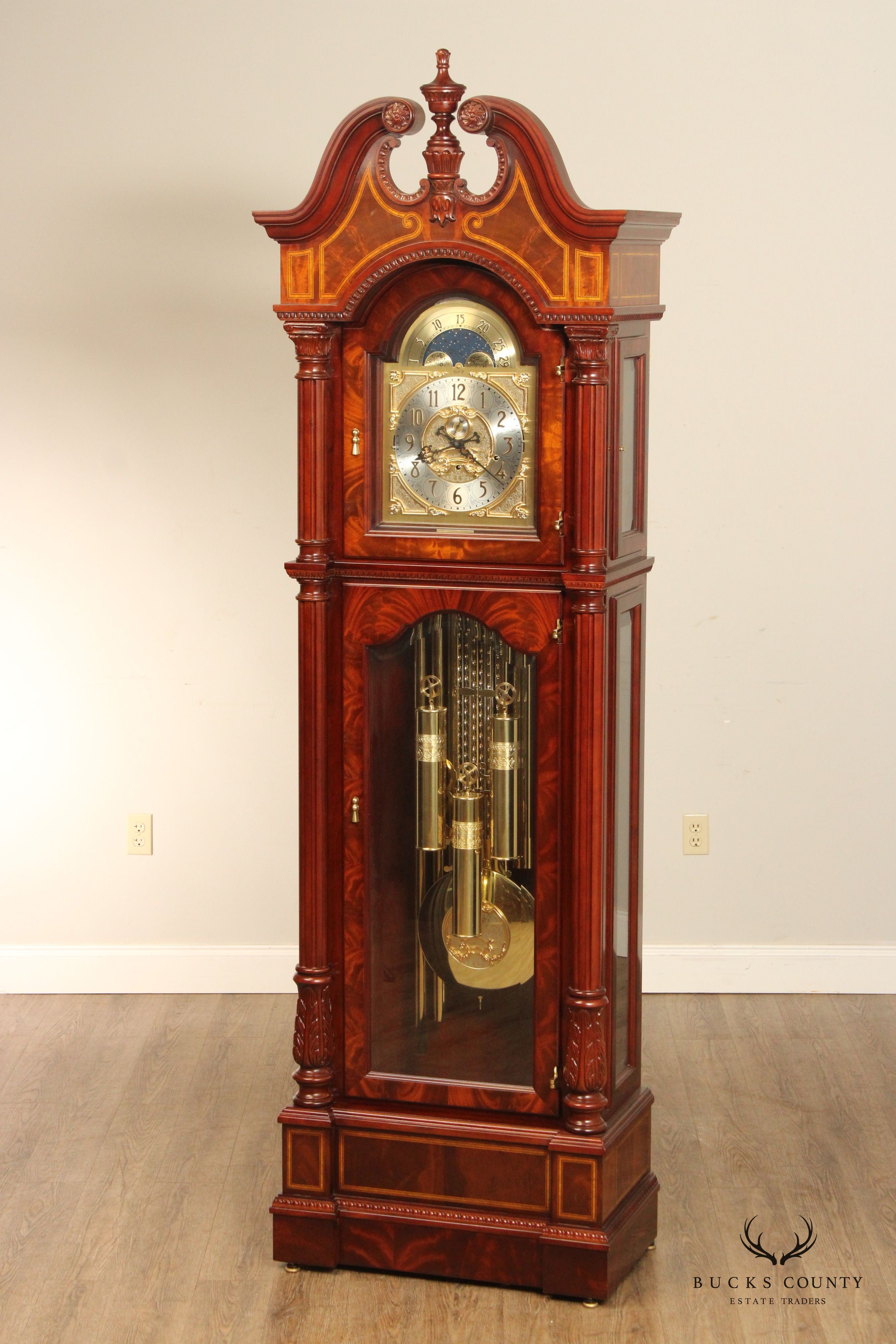 Charles R. Sligh Chippendale Inlaid Mahogany Grandfather Clock, Model 226