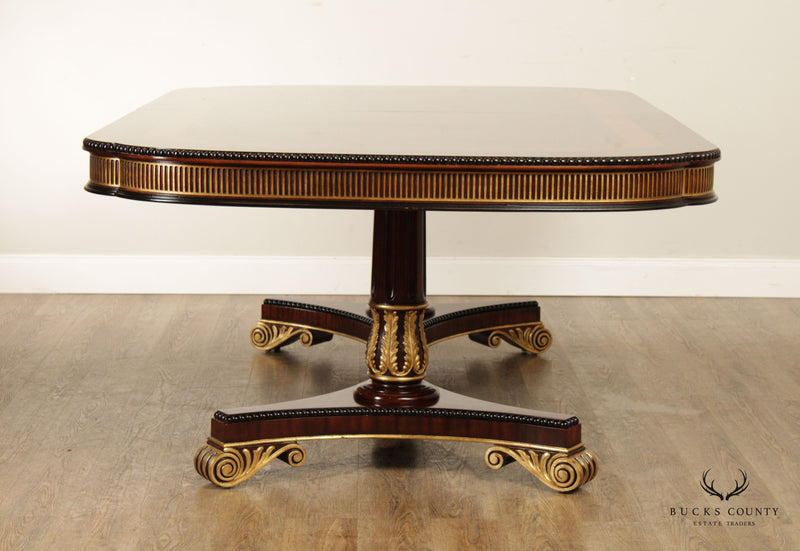 EJ VICTOR REGENCY STYLE BANDED MAHOGANY DOUBLE PEDESTAL EXTENDABLE DINING TABLE