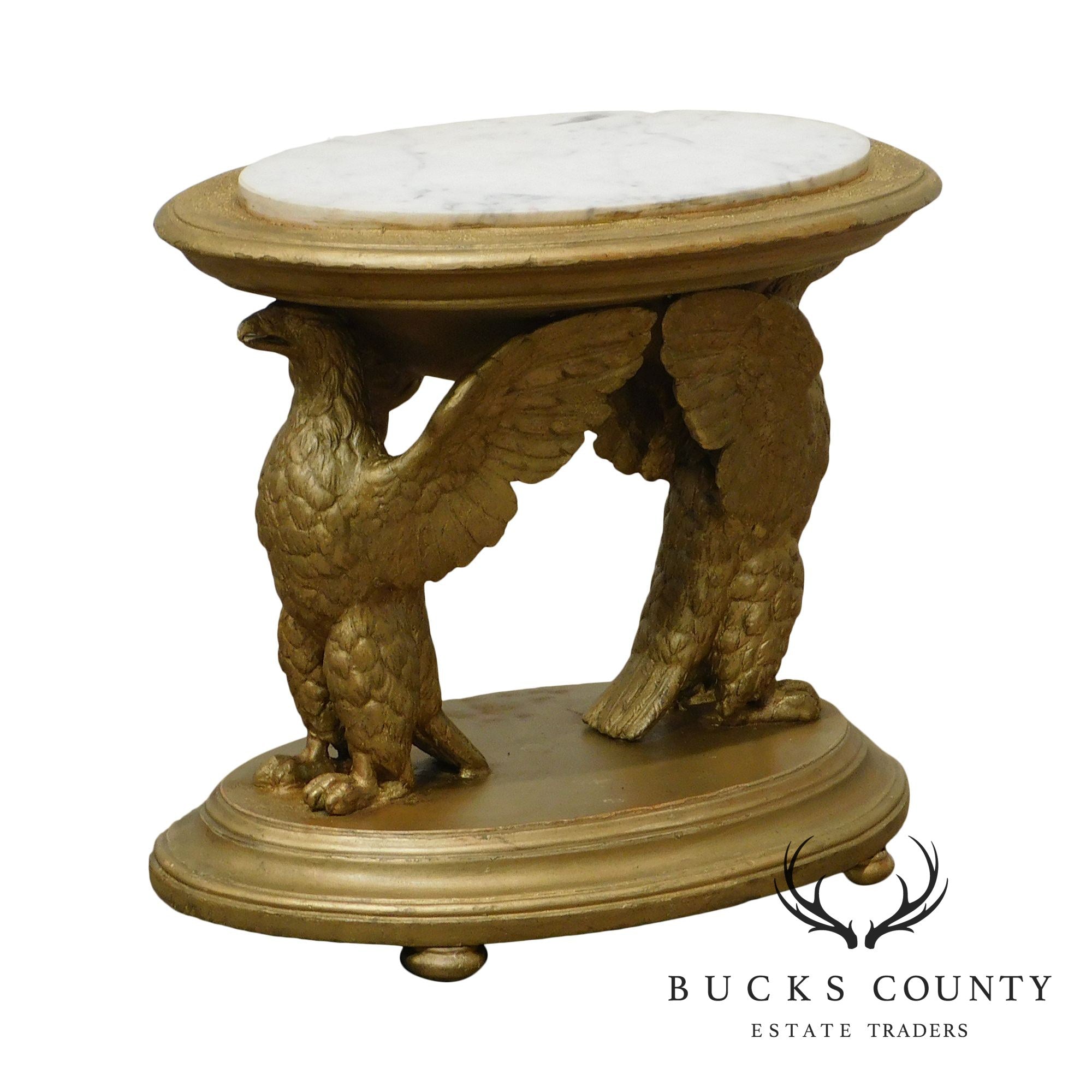 Antique Gilt Wood Carved Winged Eagle Small Marble Top Side Table