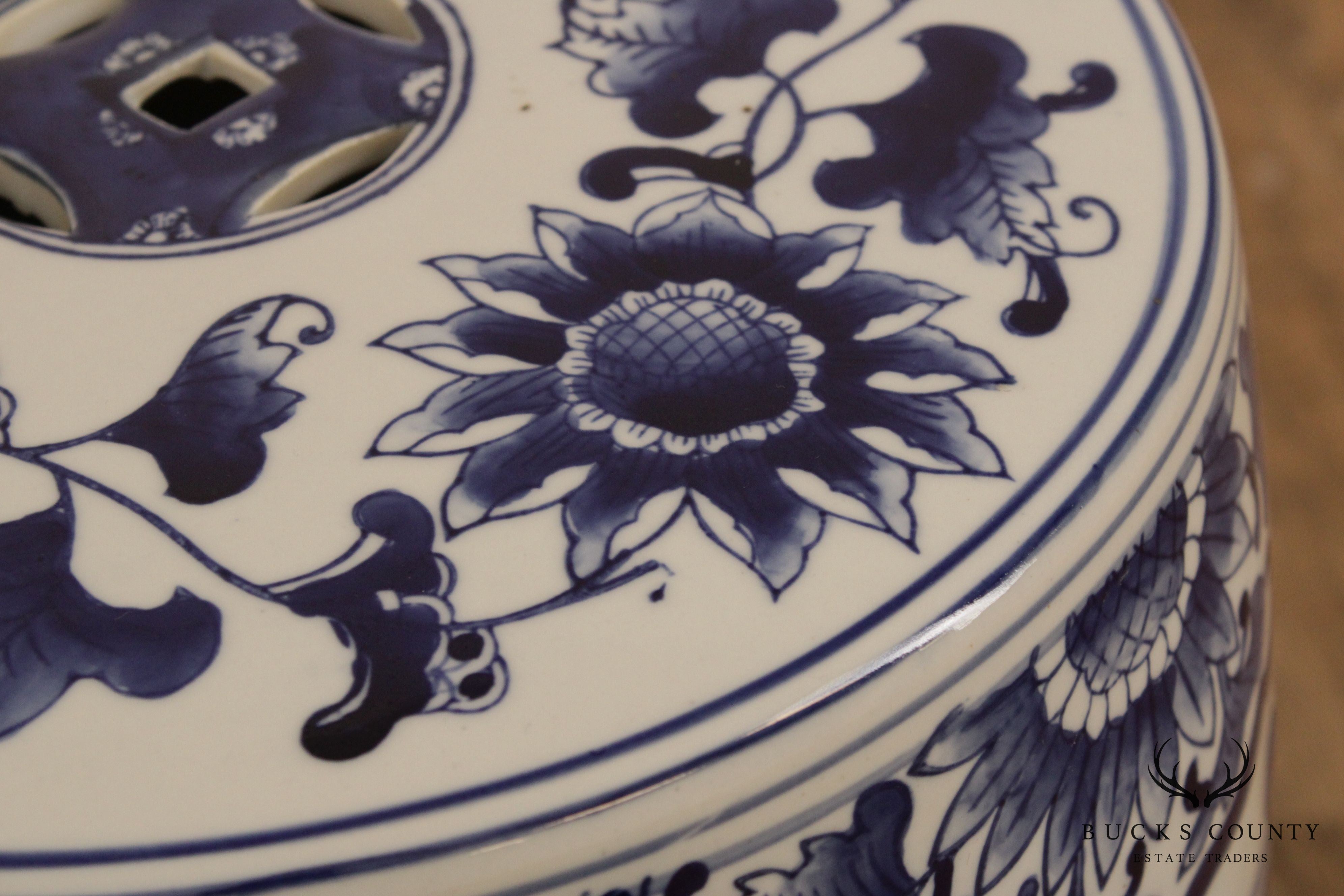 Vintage Asian Inspired Blue and White Porcelain Garden Stool