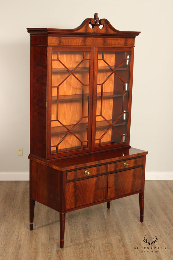 Antique Hepplewhite Style Mahogany Glass Door Bookcase China Cabinet