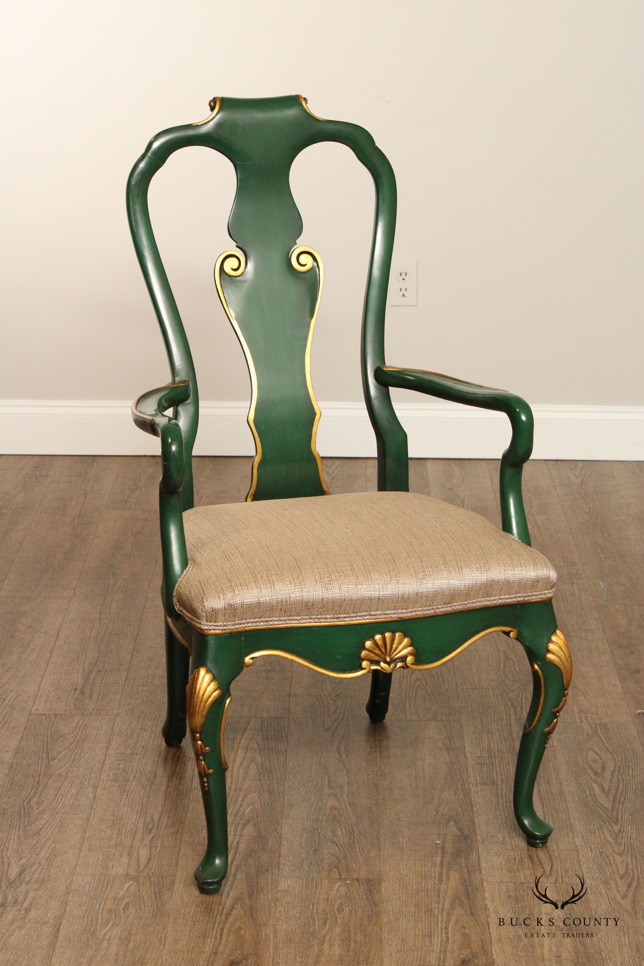 KARGES ROCOCO STYLE GREEN AND GOLD SET OF 12 DINING CHAIRS