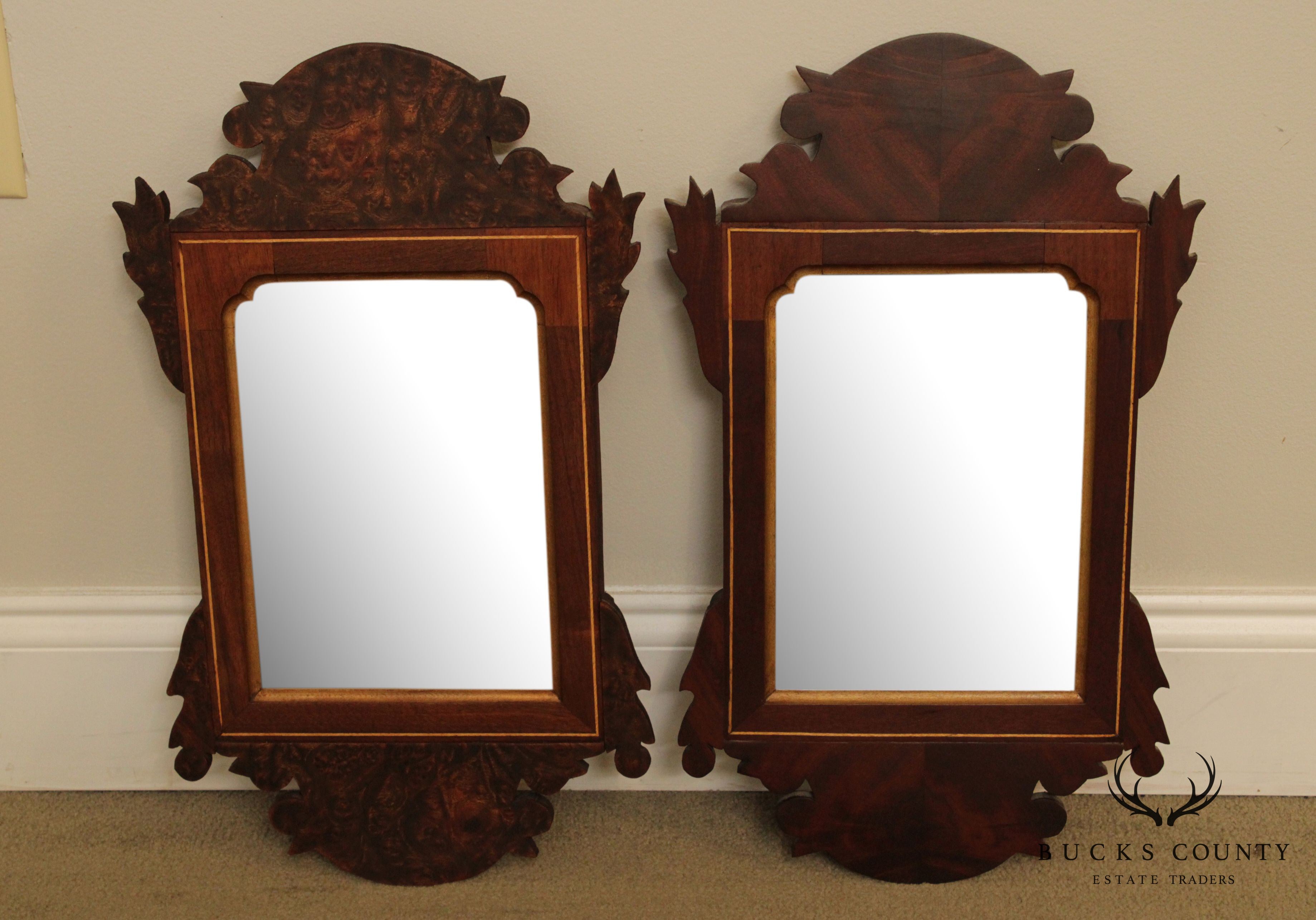 Chippendale Style Hand Crafted Mahogany & Burl Wood Pair Small Mirrors