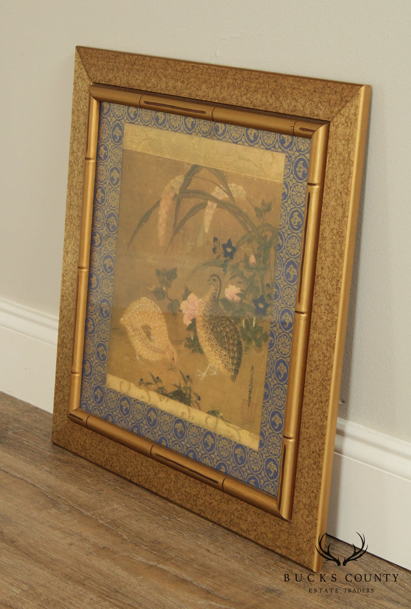 Tosa Mitsuoki "Quail Birds and Flowers" Faux Bamboo Framed Art Print