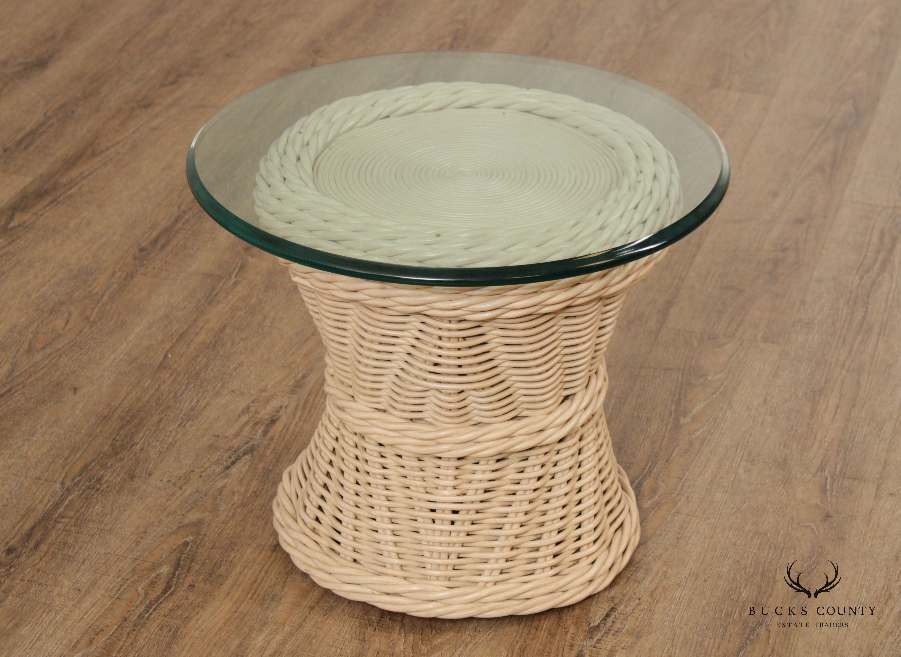 Quality Vintage Round Wicker Rattan Glass Top Side Table