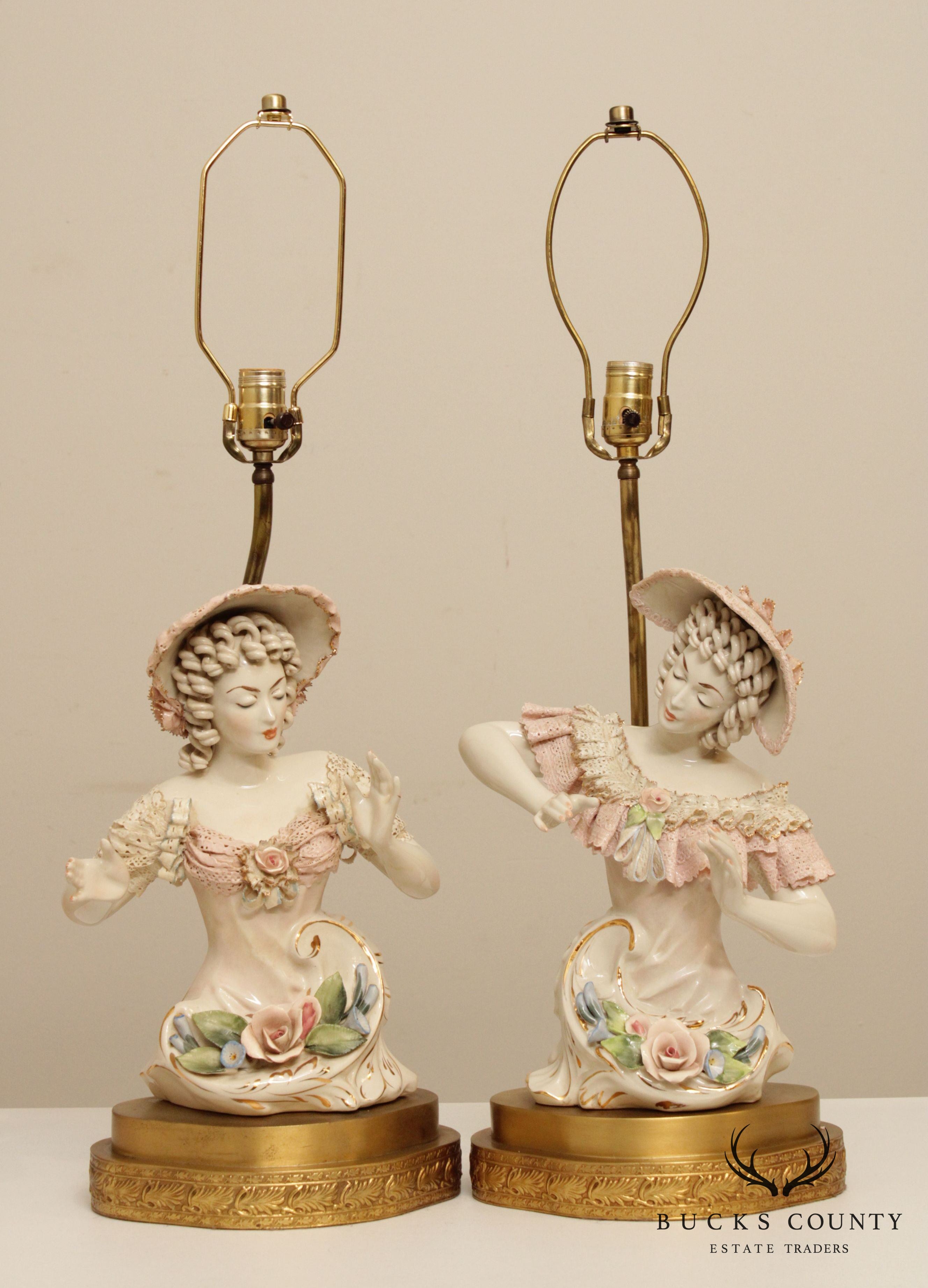 Vintage Pair Porcelain Figurine Table Lamps