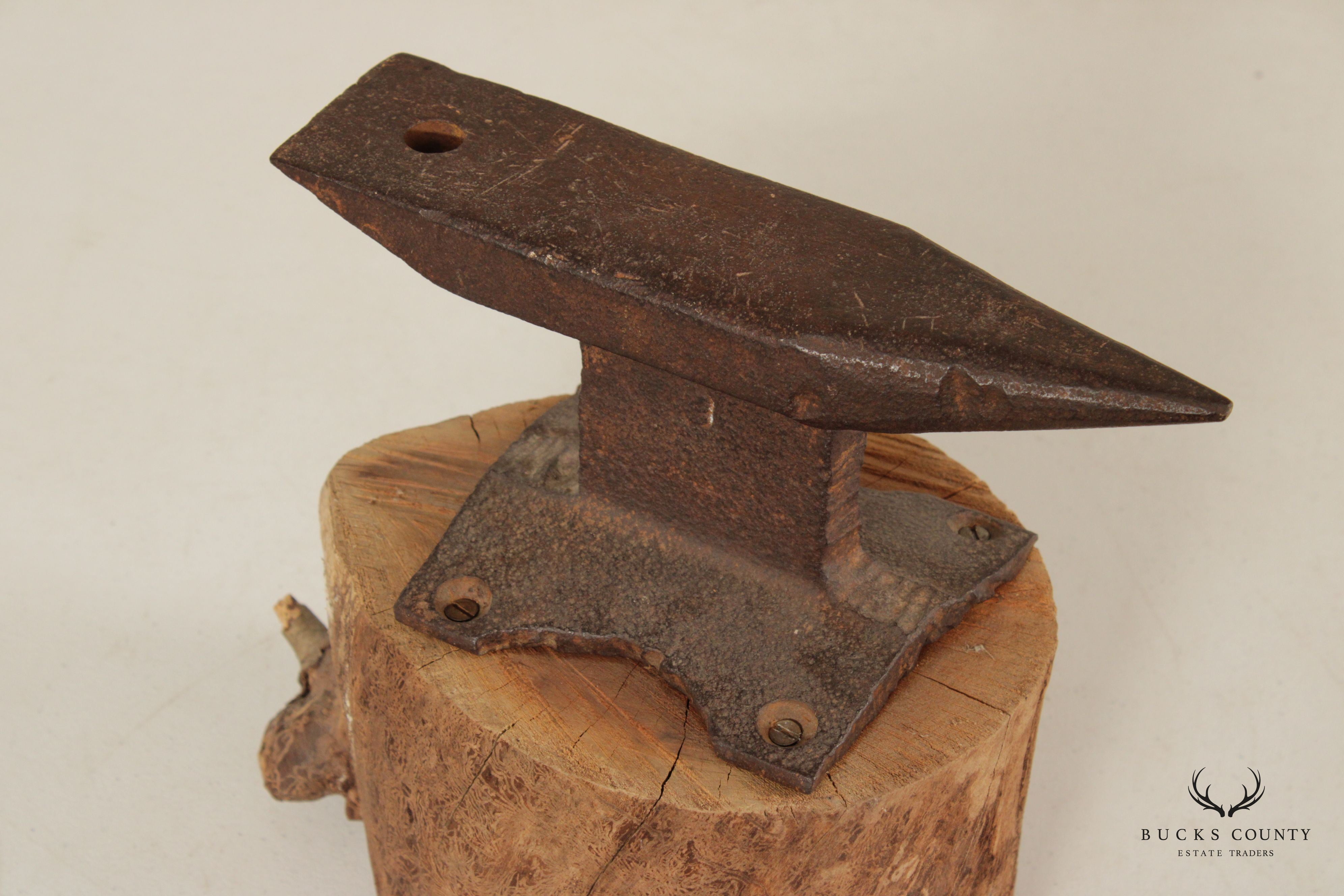 Vintage Small Iron Anvil Mounted on Wooden Block